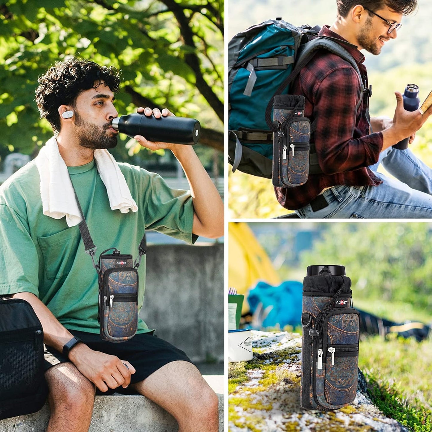 AUPET Water Bottle Sling Bag Sleeve Holder Carrier 25/32/40/64 oz,Insulated Crossbody Water Bottle Case Cover with Strap and Pockets for Men/Women Walking Hiking