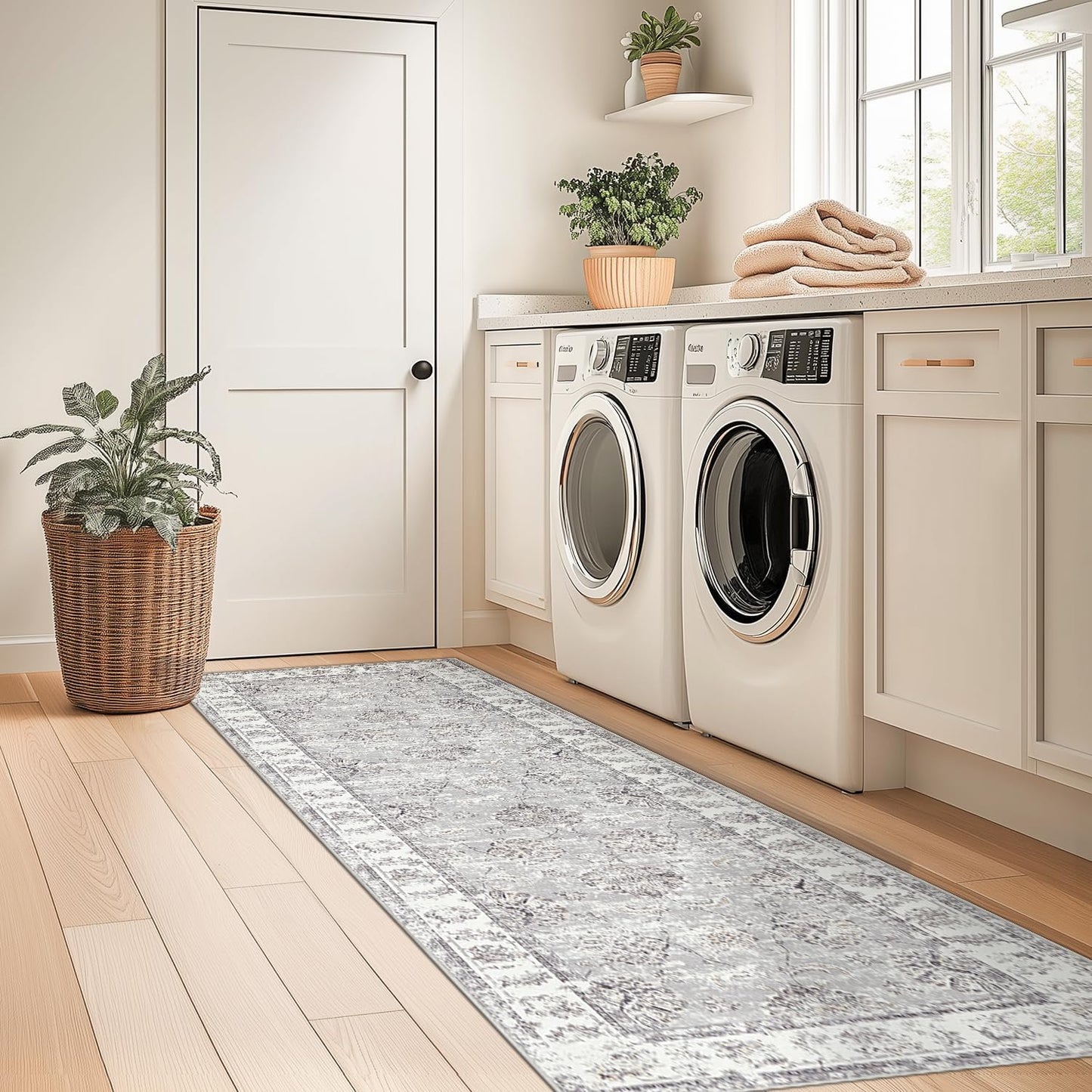 jinchan Runner Rug 2x5 Machine Washable Hallway Rug Grey Vintage Floral Print Non-Slip Low Pile Ultra-Thin for Kitchen,Entryway,Laundry Room,Bedroom,Farmhouse (2‘x5’,Grey)