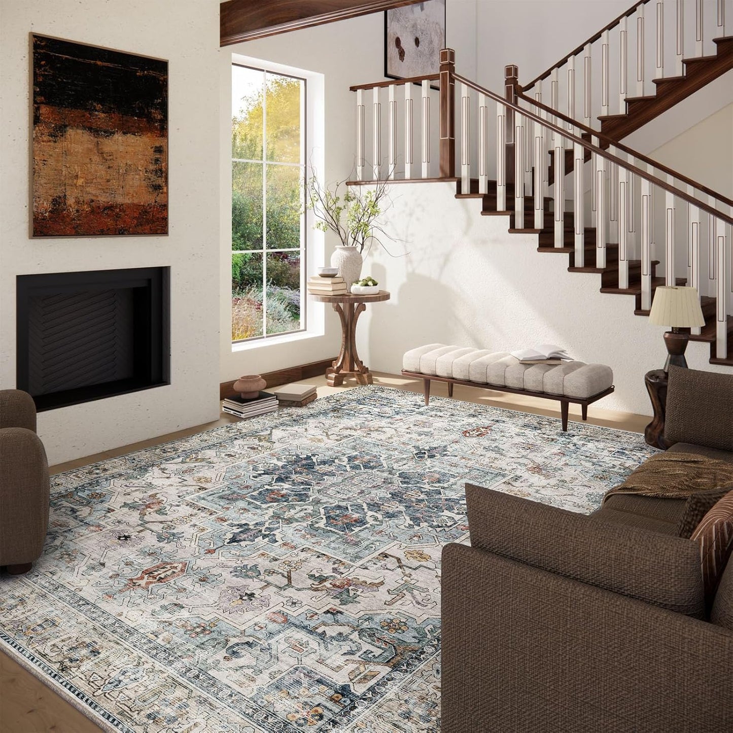 8x10 Area Rugs for Living Room: Washable Bedroom Rug Boho Vintage Rugs Stain Resistant Non Slip Low Pile Soft Lightweight Carpet for Kitchen Dining Room Farmhouse Nursery Kids Room Home Office