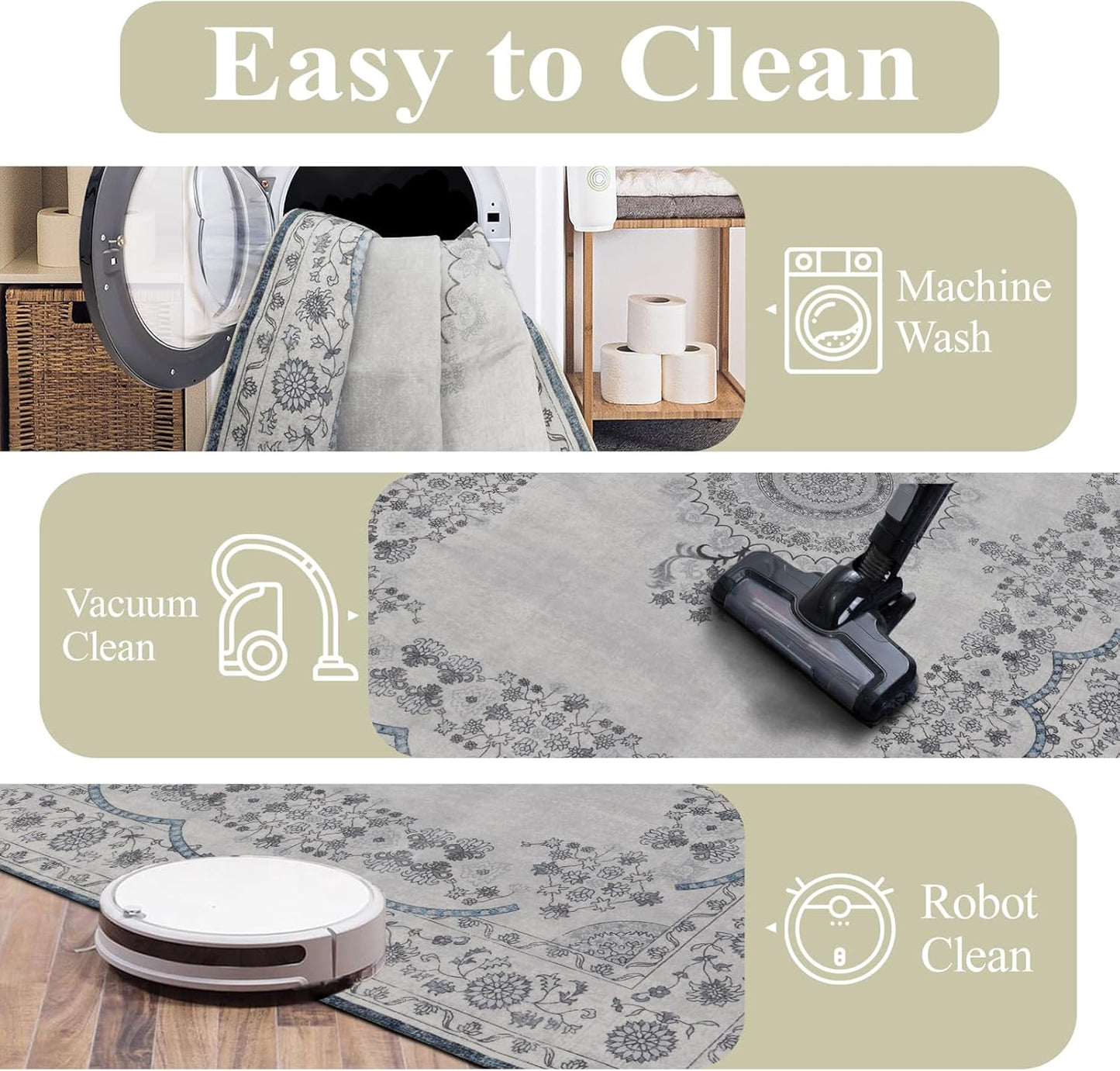Washable 6x9 Area Rug for Living Room, Carpet for Bedroom Dining Room, Non Slip&Non-Shedding Resistant Low Pile Vintage Print Rug for Home Office (Grey/Blue)
