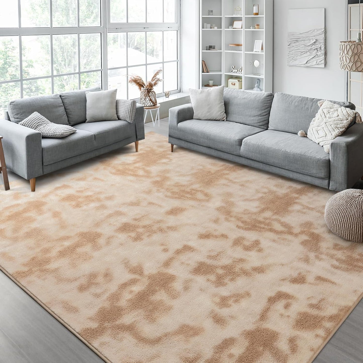 Kimicole 5x8 Washable Area Rugs for Bedroom Living Room, Low Pile Ulta-Thin Solid Color Rug, Non-Slip Soft Fluffy Carpet for Nursery Kids Room Dorm Room Home Decor (Light Tan)