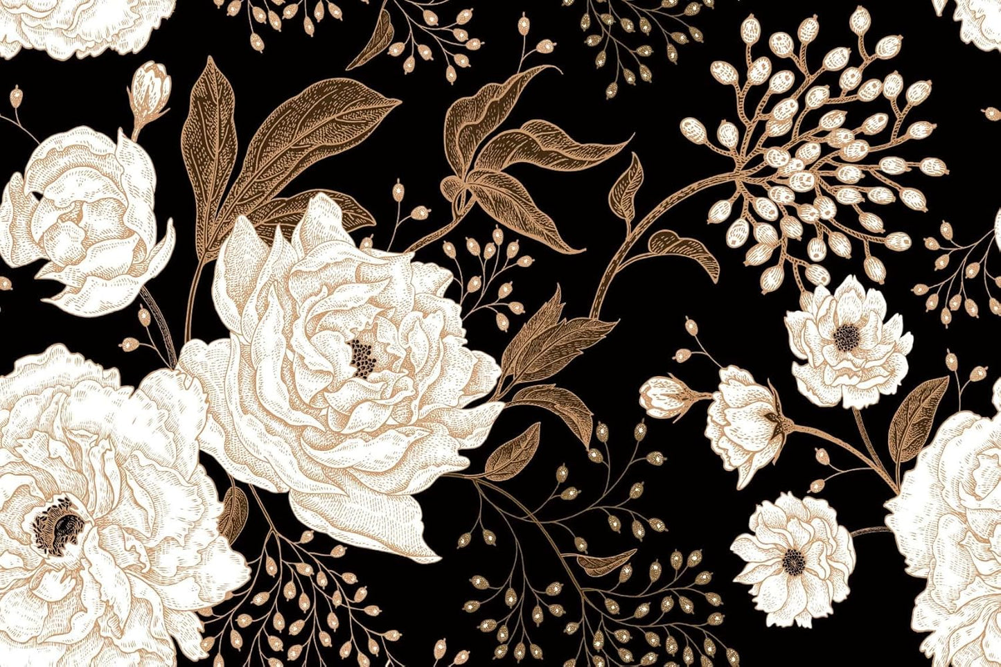 Vintage White Rose Floral Wallpaper Peony Wall Mural Large Black Background Wall Decor for Living Room Bedroom Dining Room Basement(Not Self-Adhesive)