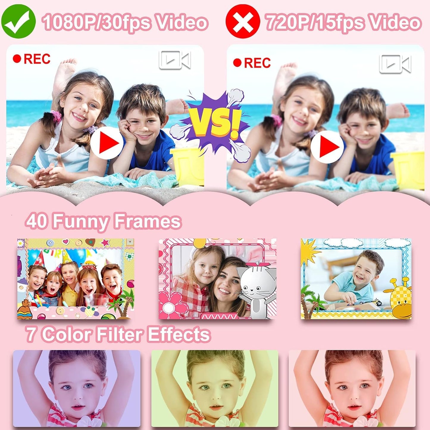 PROGRACE Kids Camera Waterproof- Children Digital Video Cameras Underwater Camera Chrismas Birthday Gift Toy for Kids 1080P DV Toddler Cameras for Girls Pool Toys Age 3-12