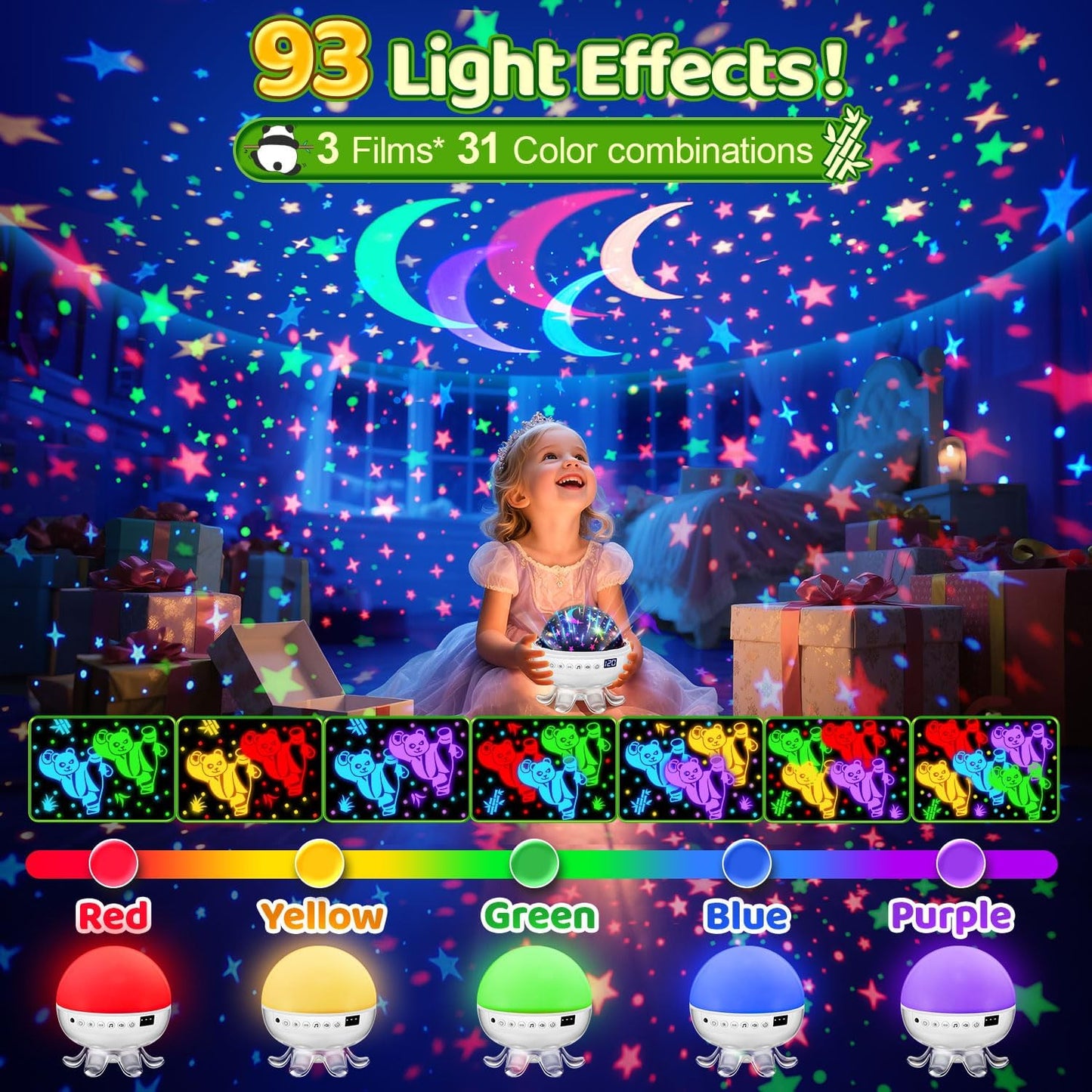 Panda Gifts,【3 Films+ 30 Sounds】Panda Night Light,【93 Effects+ Remote】Toddler Boys Toys for Boys 3-5, [3 Brightness 5-995 min Timer] Girls Toys Age 6-8, Kids Gifts for Kids Toys for Ages 5-7