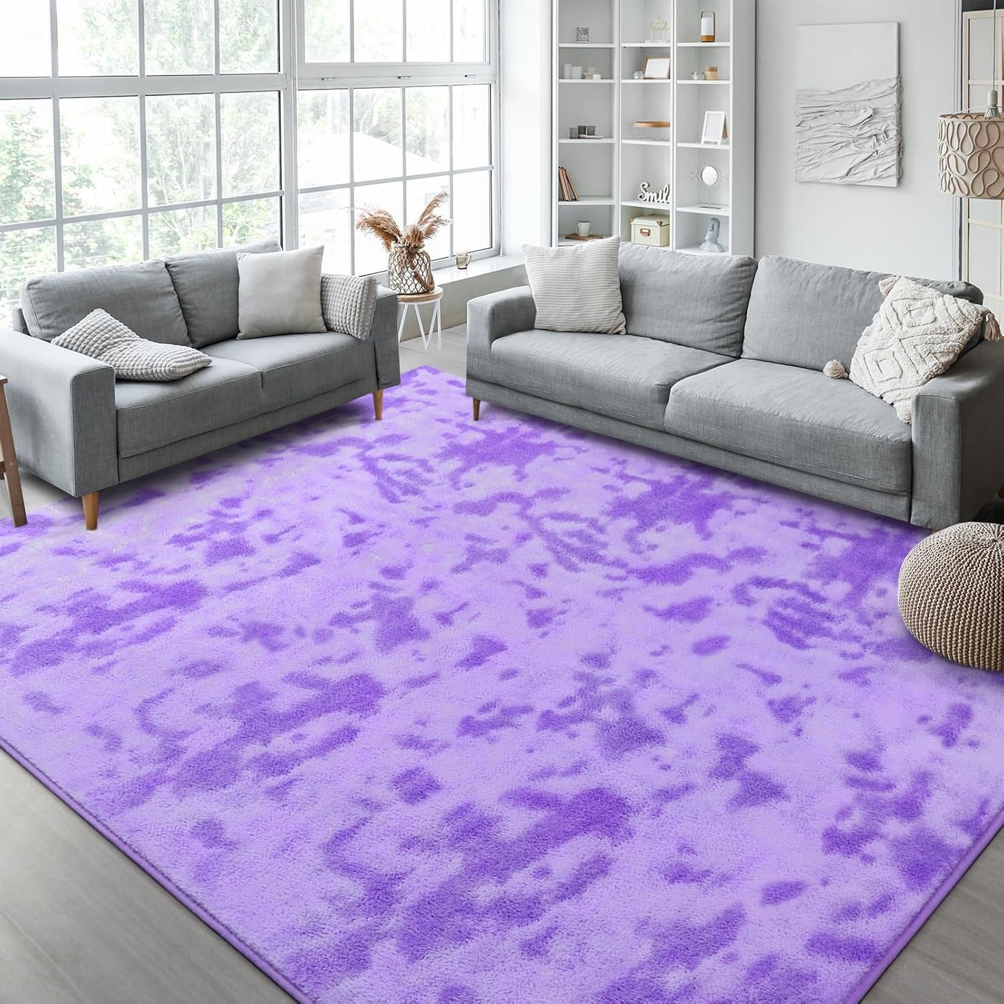 Kimicole 5x8 Washable Area Rugs for Bedroom Living Room, Low Pile Ulta-Thin Solid Color Rug, Non-Slip Soft Fluffy Carpet for Nursery Kids Room Dorm Room Home Decor (Purple)