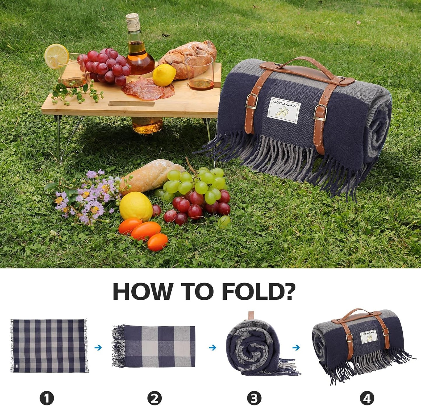 G GOOD GAIN Waterproof Picnic Blankets- Extra Large Outdoor Blanket Foldable, Beach Blanket with PU Handles, Sandproof Picnic Mat for Hiking, Camping, Lawn, Park, Grass.GreySquare