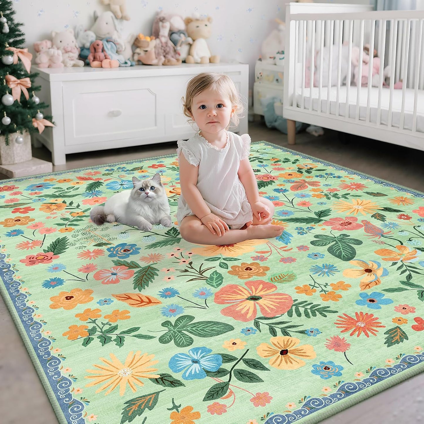 8x10 Area Rugs for Living Room Sage Green Washable Low Pile Non Slip Stain Resistant Large Rugs Boho Vintage Floral for Bedroom Dining Room Family Room Nursery Dorm Spring Home Decor