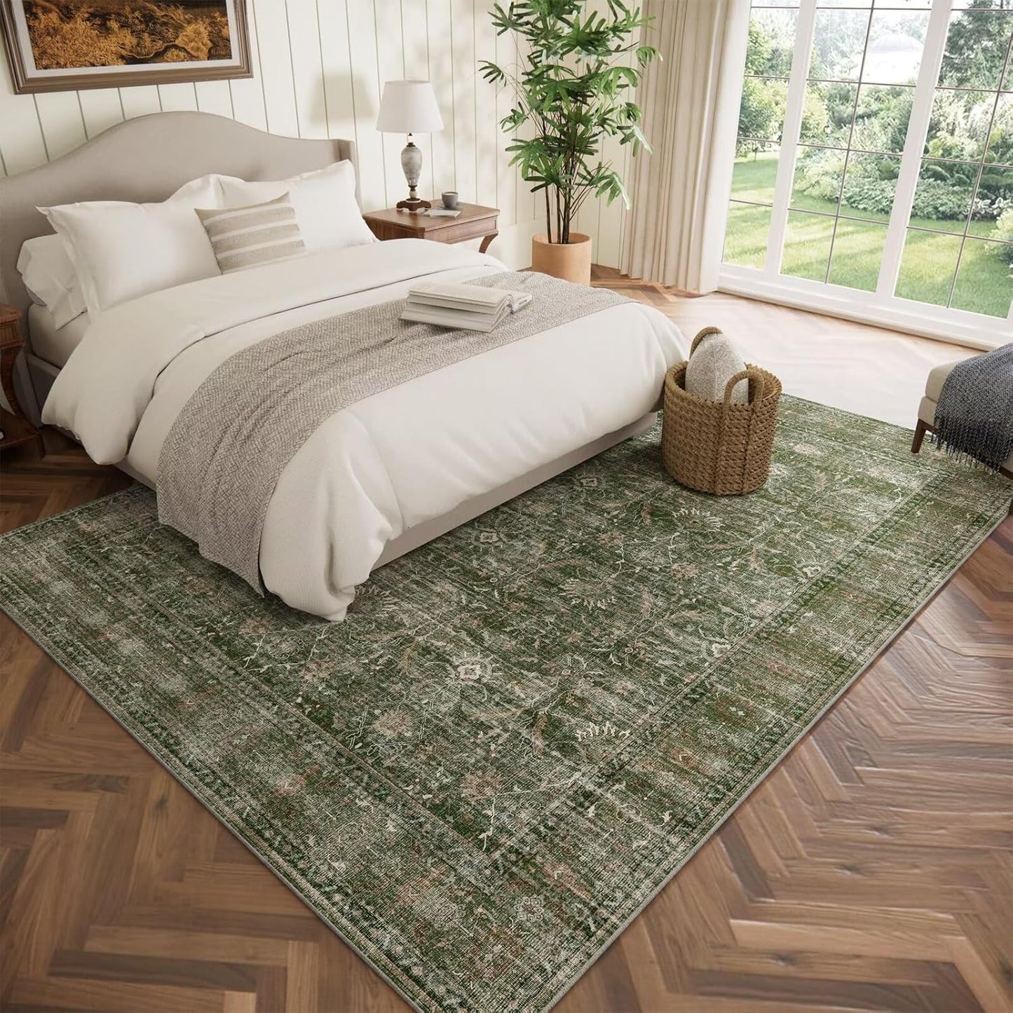 Washable 5x7 Area Rugs for Living Room, Boho Non-Slip Silicone Backing Rugs for Bedroom Dining Room Nursery Office, 0.3" Neutral Oriental Throw Carpet with 0.16" Cushioning Pad, Grass Green/Multi