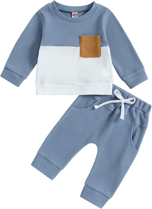 Kupretty Toddler Baby Boy Fall Winter Clothes Color Block Long Sleeve Sweatshirt Pullover Tops + Joggers Pants Outfit Set