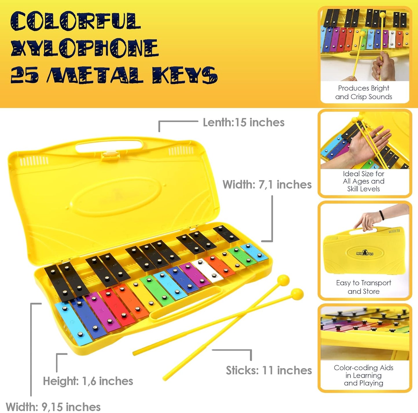 MINIARTIS Glockenspiel Xylophone | 25 Note Colorful Metal Keys Xylophone for Kids | Percussion Musical Instrument | Educational Music Toy Includes Music Songbook, Mallets and Yellow Carry Case