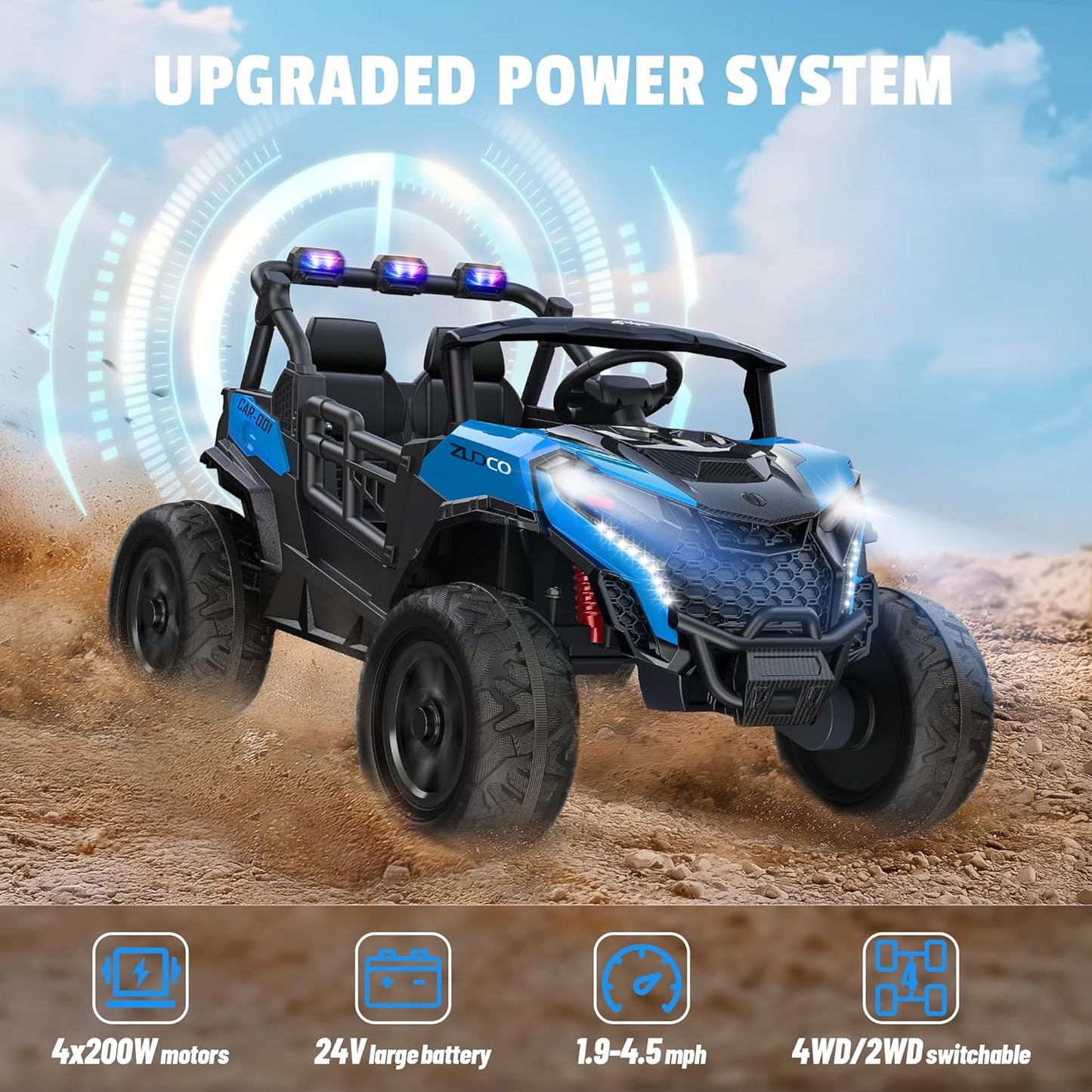 24V 2 Seater Ride on Car Truck, 4x200W, EVA Tires, 4WD/2WD, Remote Control, Rainbow Lights, Shock Absorbers, Bluetooth, Ride On UTV Toy for Kids Ages 3-8, Blue