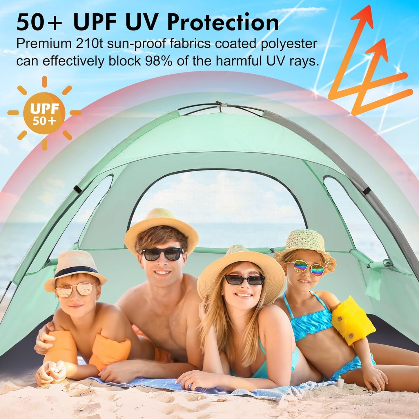 WhiteFang Beach Tent Anti-UV Portable Sun Shade Shelter for 3/4/6/8 Person, Extendable Floor with 3 Ventilating Mesh Windows Plus Carrying Bag, Stakes and Guy Lines