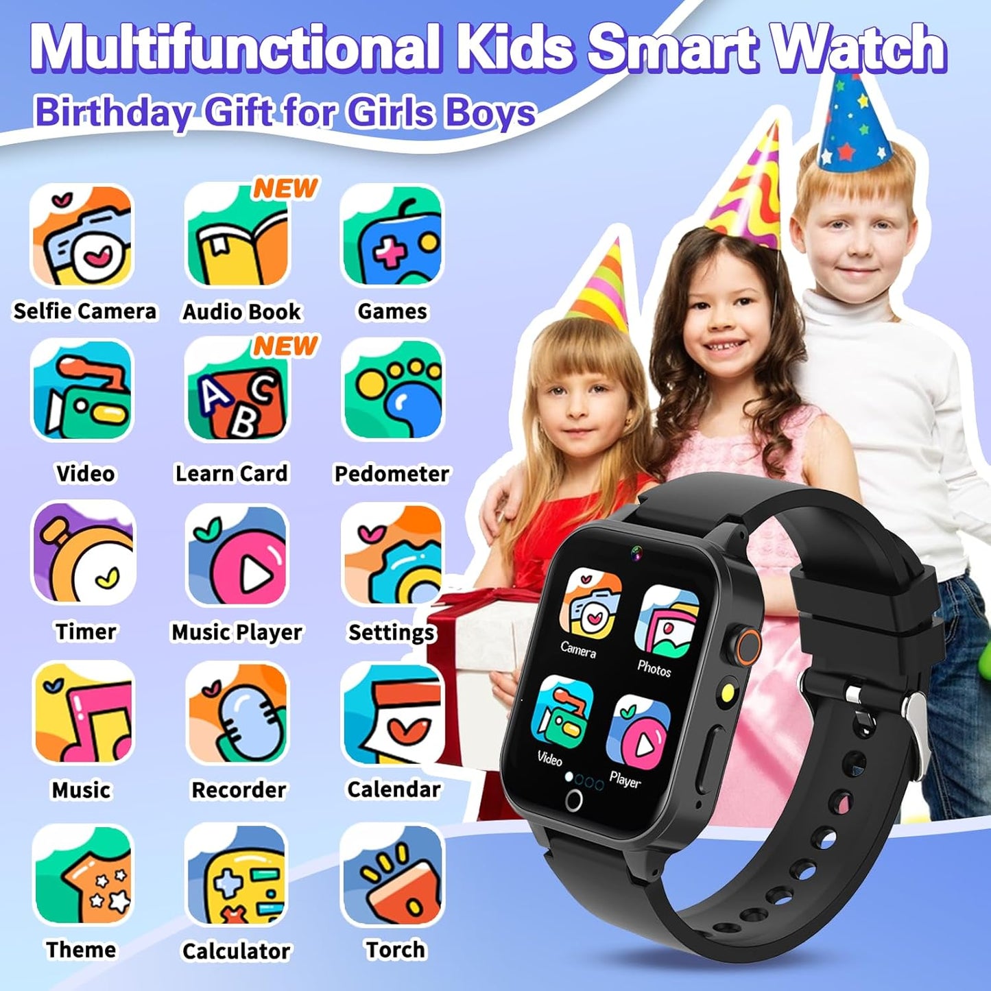 Vakzovy Kids Smart Watch Boys with 26 Puzzle Games HD Touchscreen Camera Pedometer Music Player Flashlight, Kids Toys Birthday Gifts for Boys Age 6-12 Kid Watch Boy 8-10 with Screen Protector