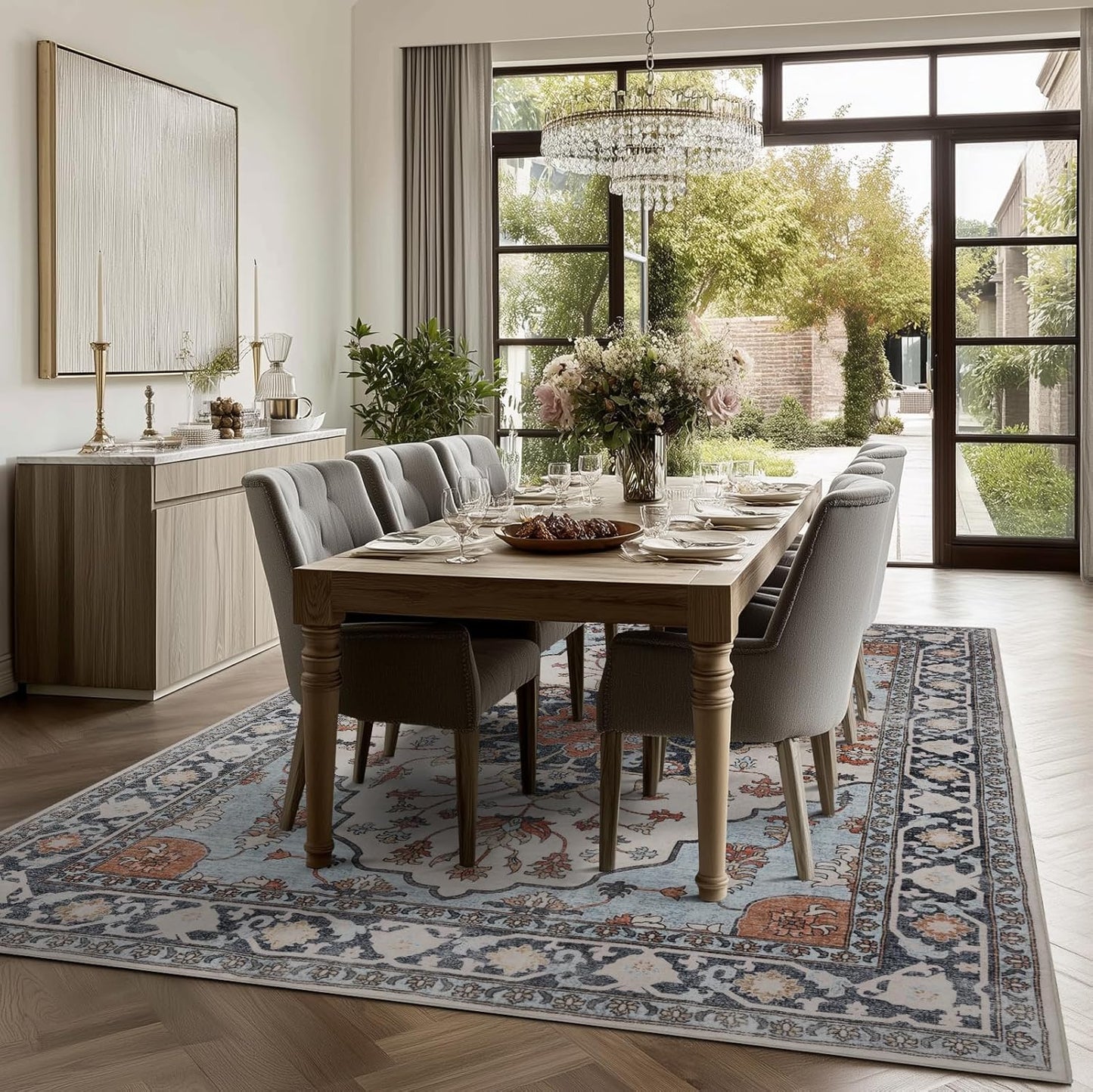 Washable Area Rugs 8x10, Large Rugs for Living Room, Carpet for Bedroom, Soft Faux Wool Retro Dining Room Rug, Non-Slip Backing Resistant Low Pile Vintage Print Rug for Home Office (Blue/Gray)