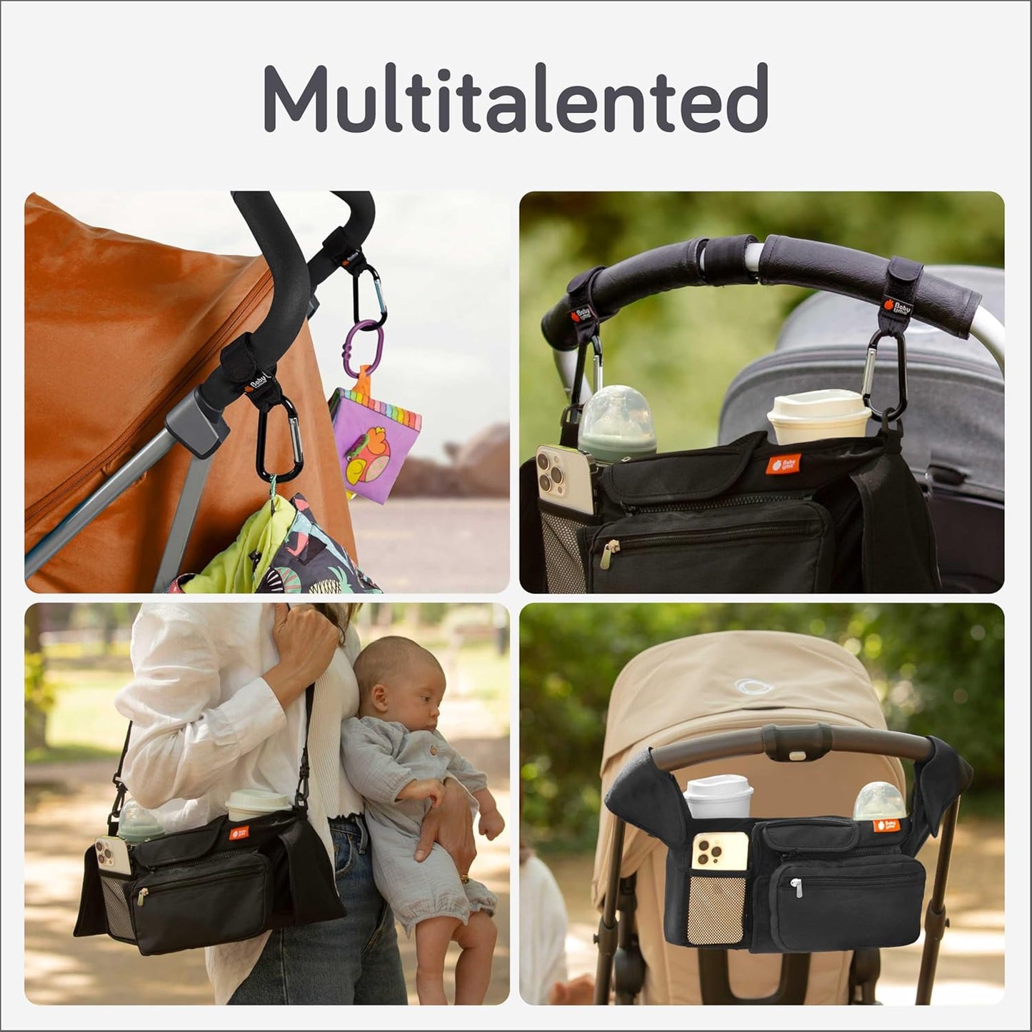 Baby Uma Stroller Caddy & Stroller Hooks - Universal Organizer Bag with XL Insulated Cup Holder, Phone Pocket, Wipes Dispenser, Wrist Bag & Mesh Pocket + 2 Carabiner Clips, Baby Travel Essential Kit