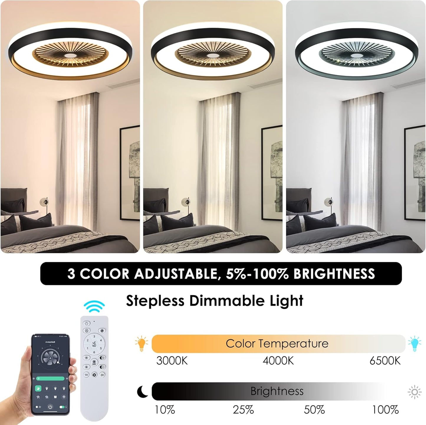 24" Bladeless Ceiling Fan with Light Remote, Smart LED Ceiling Fans with App Control, Modern Low Profile Dimmable Light Ceiling Fan for Bedroom Living Room Black