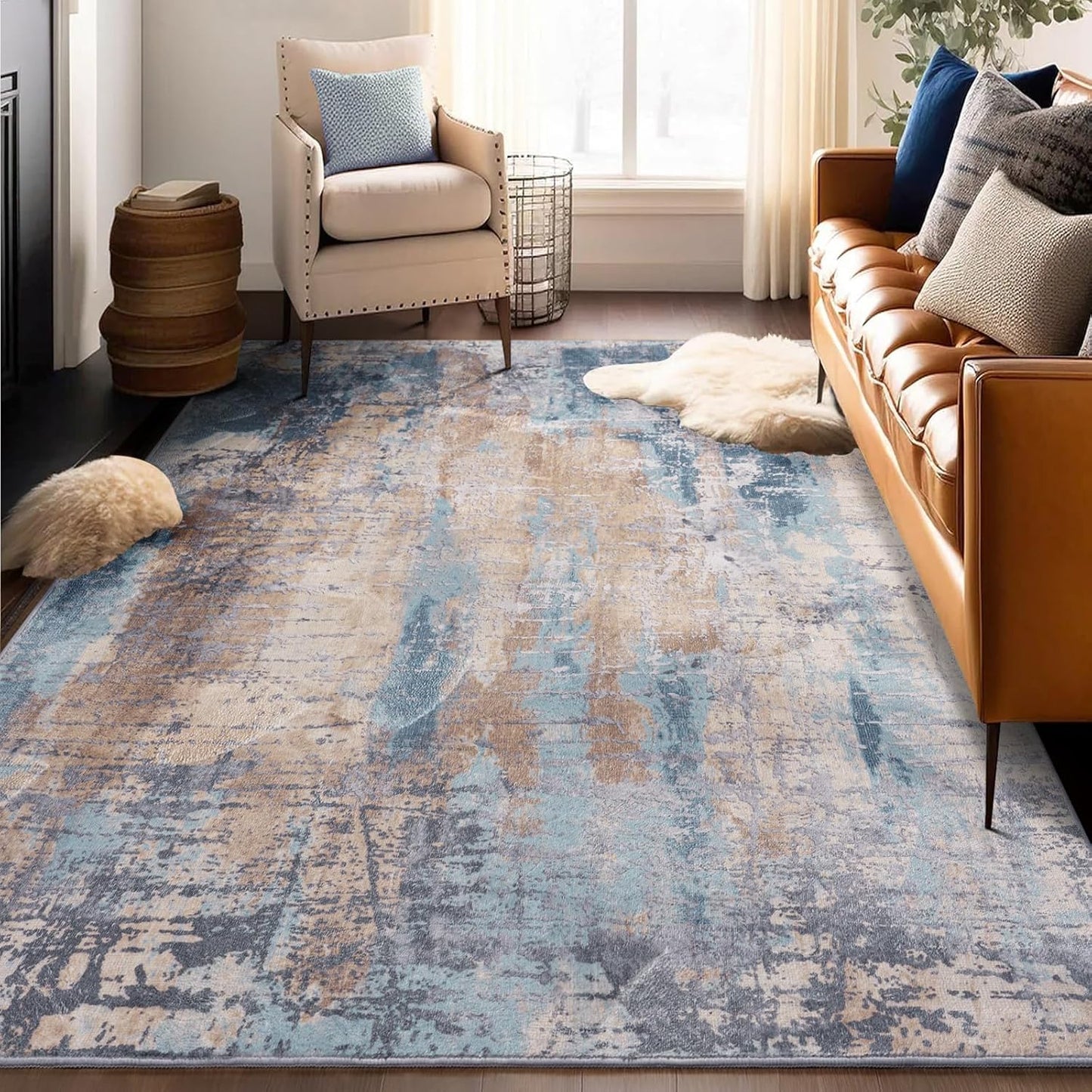 Area Rug Living Room Rug, 4x6 Modern Abstract Washable Rug Beige Blue Non Slip Foldable Faux Wool Vintage Carpet, Fluffy Non-Shedding Rugs for Living Room, Bedroom, Dining Room, Kids Playroom