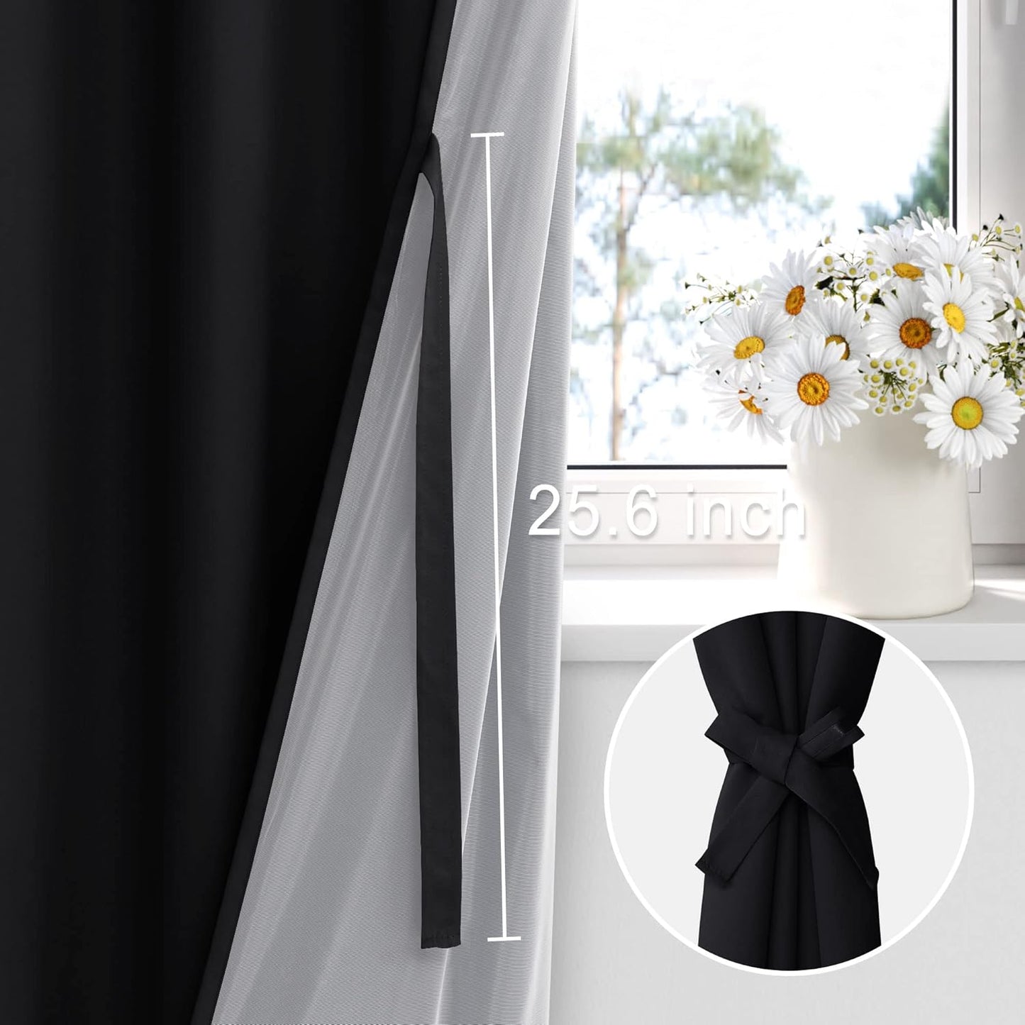 XWZO 100% Blackout Curtains 63 Inches Long with Tiebacks - Heat and Full Light Blocking Thermal Insulated Window Panels for Bedroom/Office, Rod Pocket, Black, W52 x L63, Set of 2