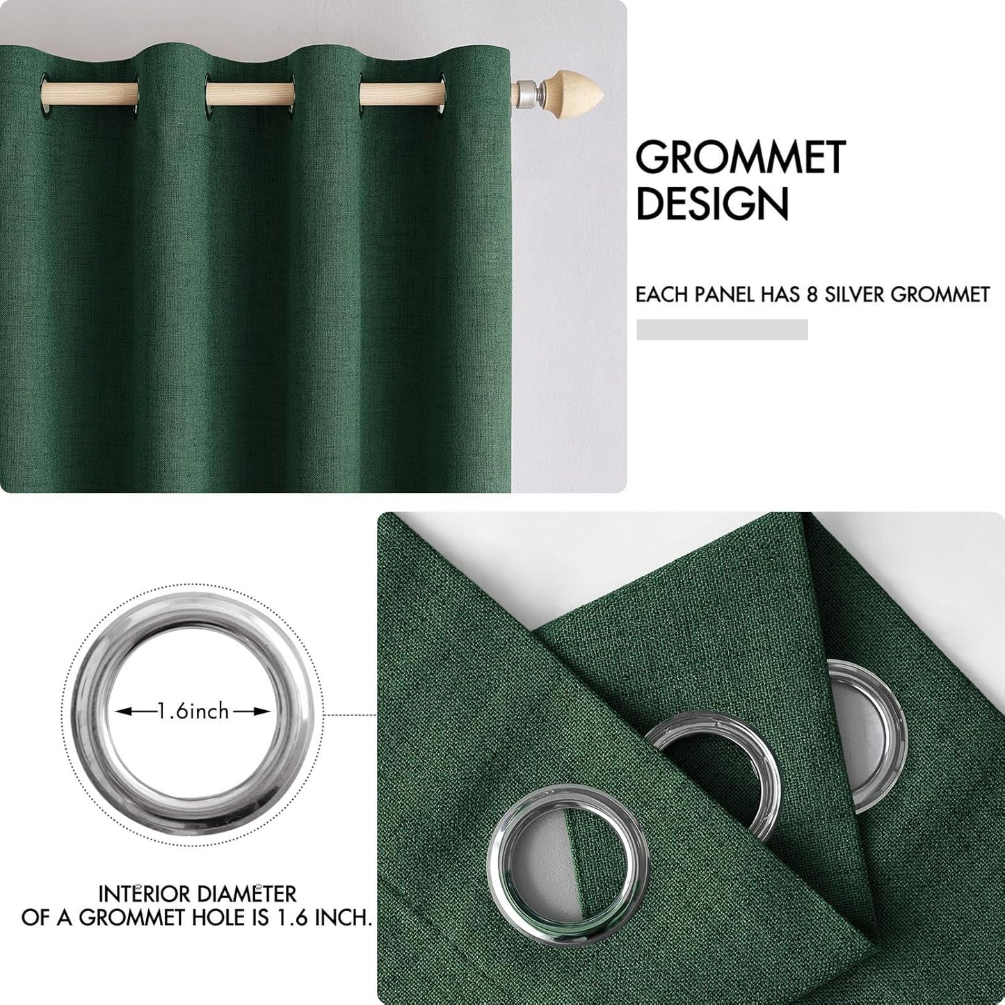 MIULEE Linen Curtains for Bedroom 100% Blackout Thermal Insulated Emerald Green Grommet Room Darkening Curtains & Drapes Christmas Decor for Living Room Nursery 52 x 90 Inch (2 Panels)
