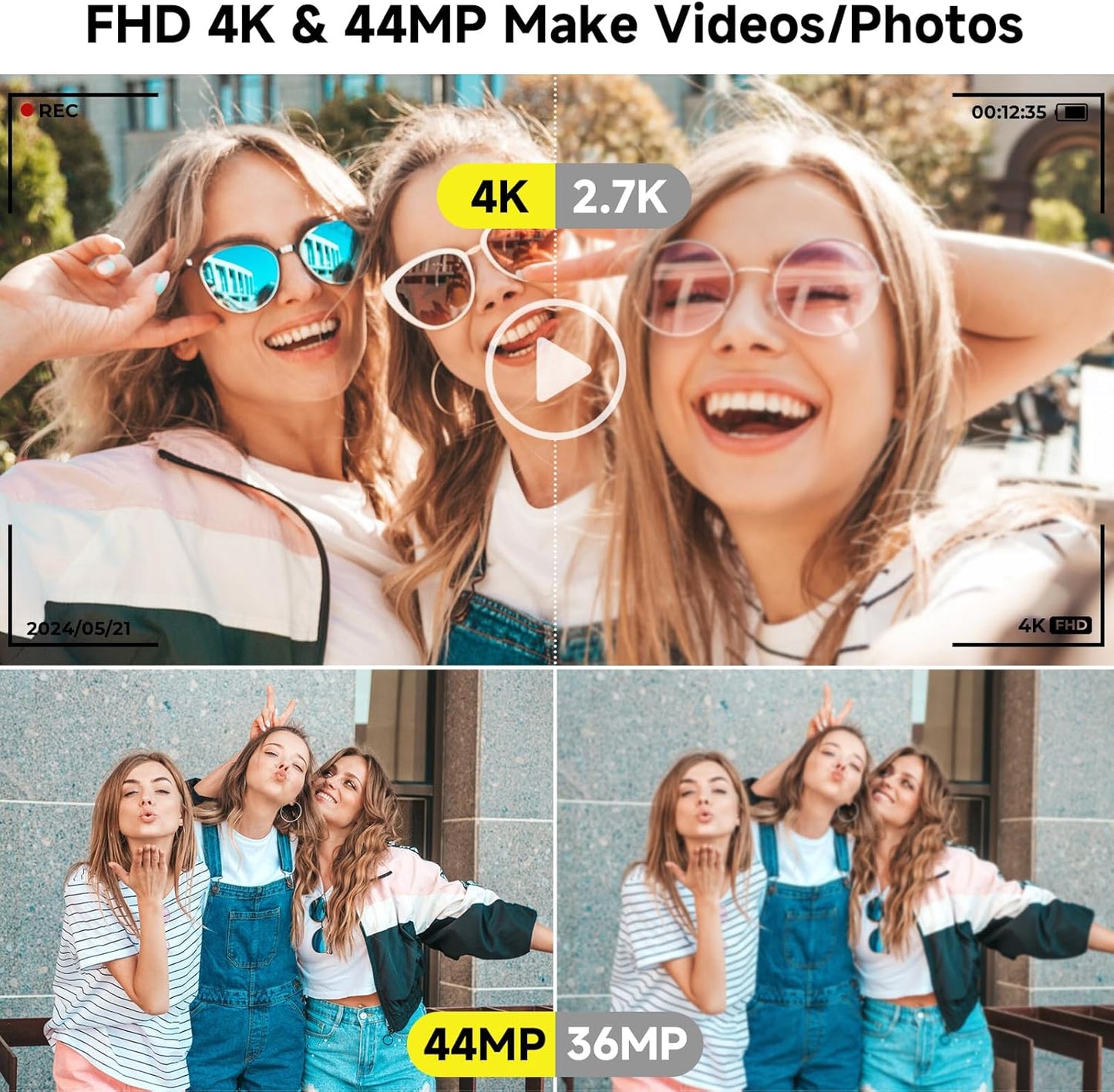 Digital Camera, FHD 4K 44MP Digital Camera, 16X Digital Zoom, Digital Point and Shoot Camera with 3-LED Fill Lights, 64GB SD Card, Compact Camera for Kids Teen Boys Girls, Pink