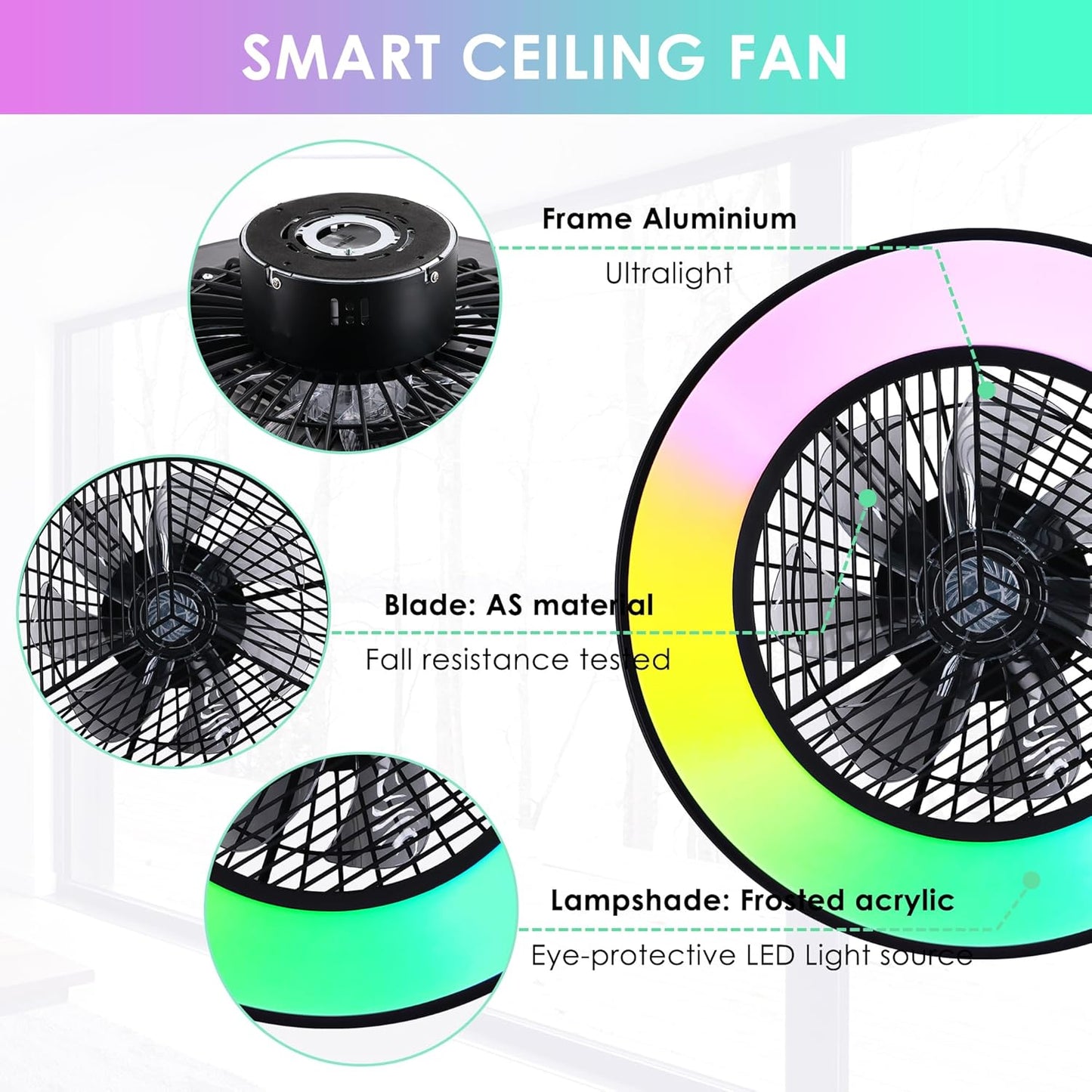 Smart Low Profle Ceiling Fans with RGB Lights Remote/APP/Voice Control, 20" Bladeless Ceiling Fans with 6 Speeds, Timer, Quiet DC Motor, Ceiling Fan with Light for Kids Bedroom/Living Room