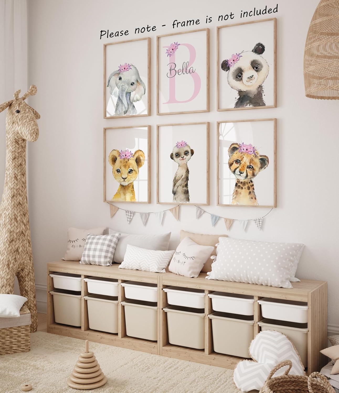 Personalized Safari Animals for Baby Girls Nursery, Set of 6 Unframed Poster Prints, Personalized Name Pink Lilac Floral, Girls Bedroom Decor, Elephant Giraffe (12x16)