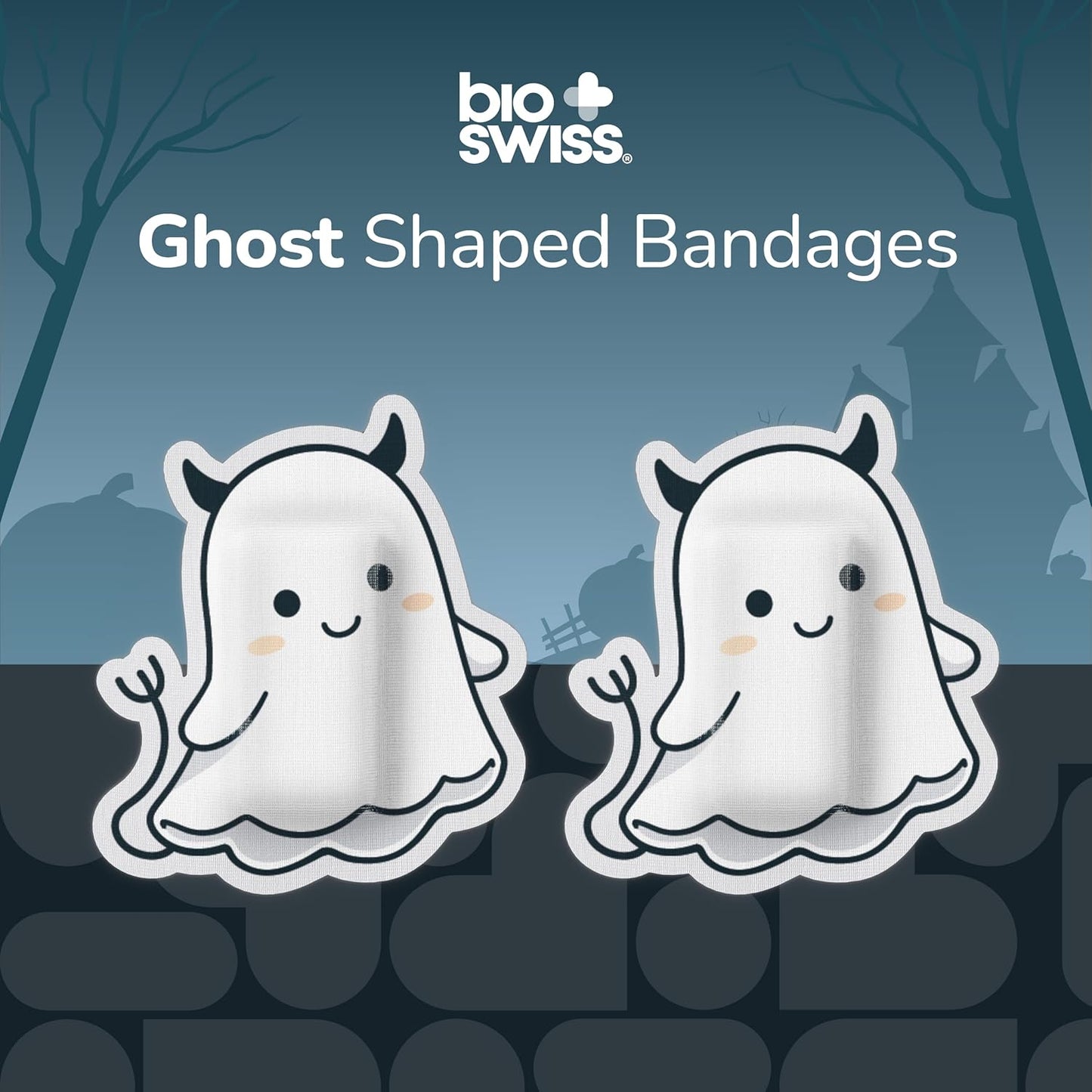 BioSwiss Bandages, Halloween Ghost Shaped Self Adhesive Bandage, Latex Free Sterile Wound Care, Fun First Aid Kit Supplies for Kids, 50 Count