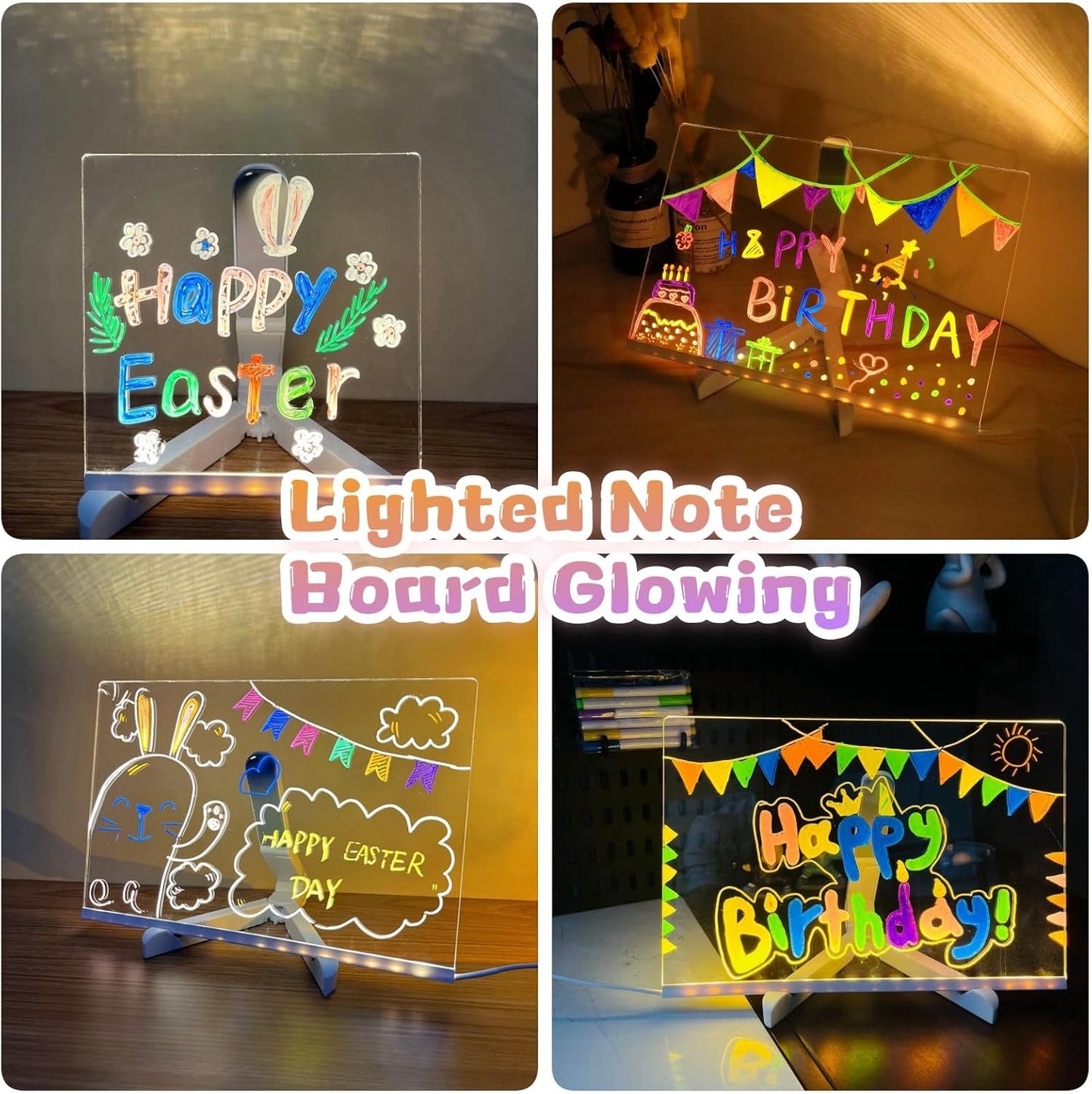 LED Drawing Board, Light Up Erasable Acrylic Message Board with Night Light, Neon Writing Tablet with Adjustable Stand & 12 Color Pens for Kids, Office, and Home Decor (7.9 * 7.9in)