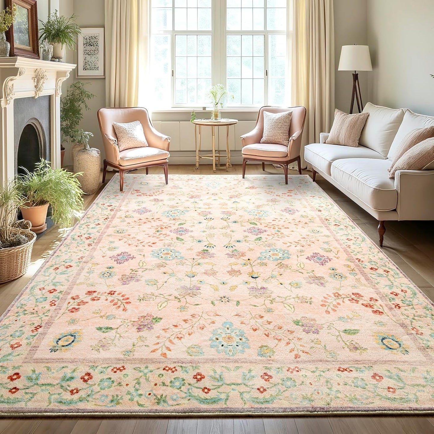 LOCHAS Washable Area Rugs 6x9, Pink Floral Rug for Living Room Bedroom Non Slip, Ultra Soft Vintage Indoor Carpet for Kids, Nursery, Dorm, Dining Room, Classroom, Boho Flower Home Decor, Low-Pile