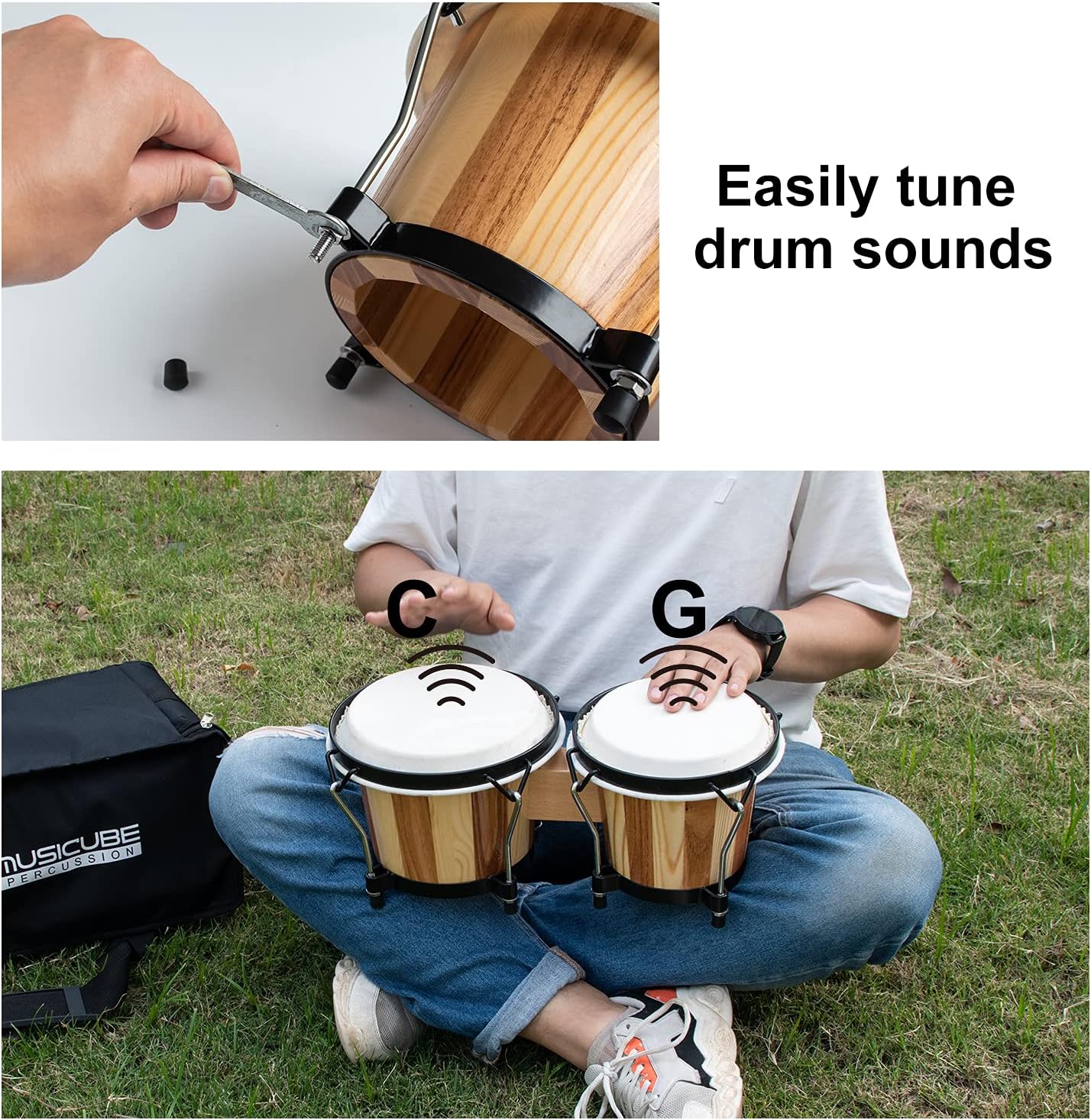 MUSICUBE Bongo Drums for Kids Adults Professional 6” and 7” Tunable Hand-Crafted Bongo Drum Percussion Instrument with Tuning Wrench and Storage Bag (Natural Skin)