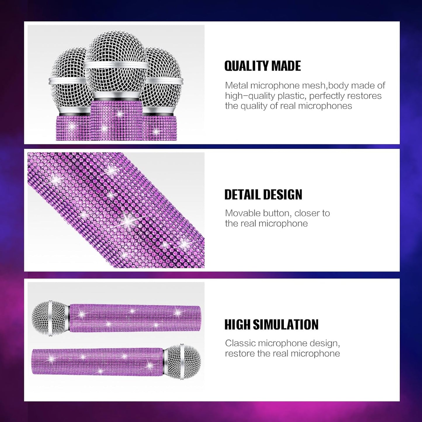 Sanwuta Fake Microphone Prop Sparkly Bling Rhinestones Plastic Play Microphone Pretend Glitter Bedazzled Mic for Cosplay Party Costume(Purple)