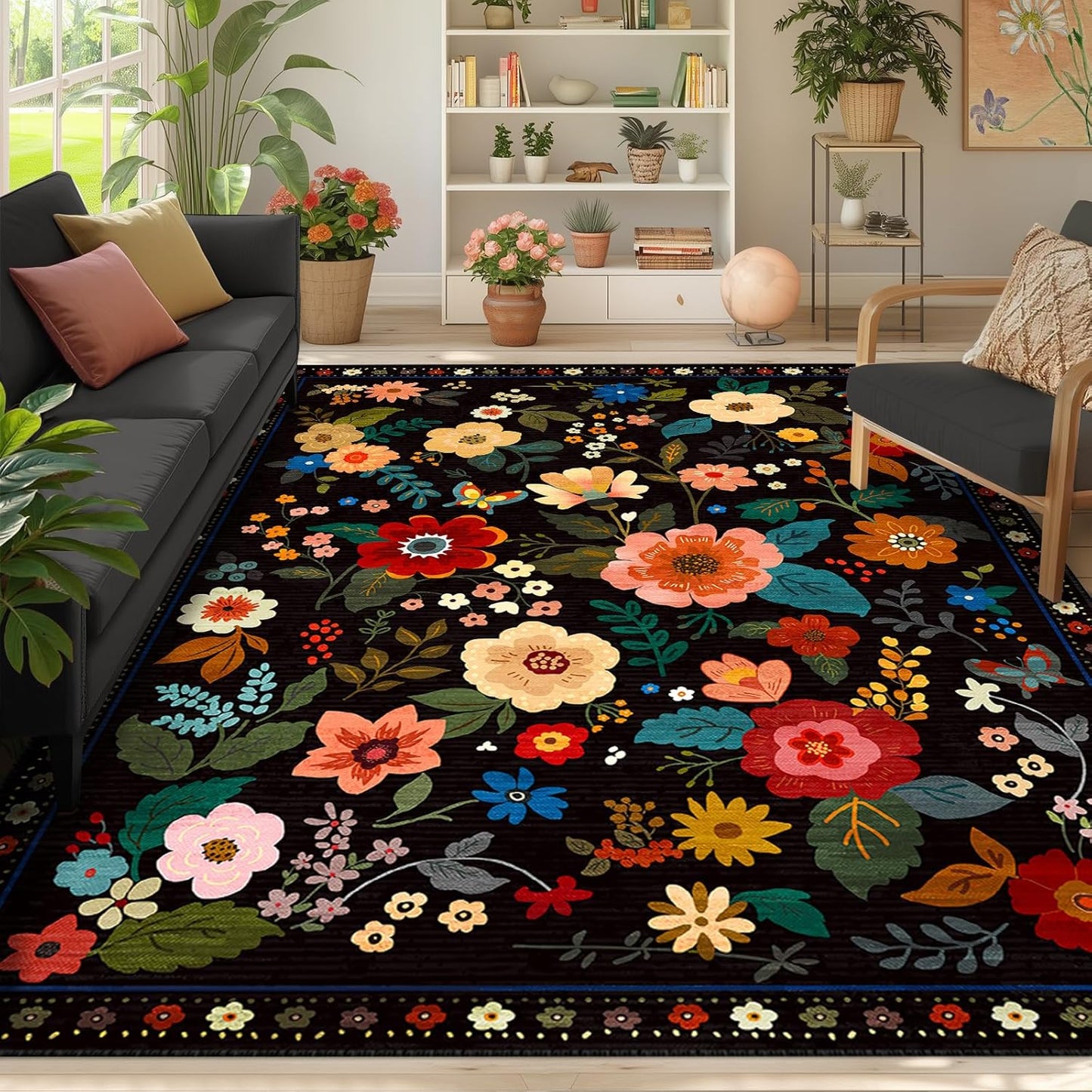 Floral 9x12 Area Rug Machine Washable Soft Print Boho Carpet Non Slip Doormat Low Pile Flower Area Rugs for Living Room Bedroom Nursery Kitchen Dining Room Indoor-Black
