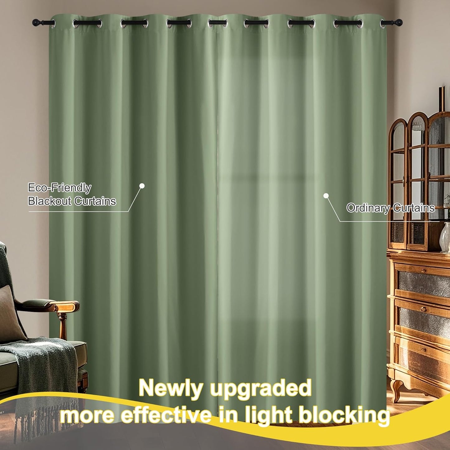 NICETOWN 100% Blackout Curtains 84 inch Long for Bedroom, Total Blackout Thermal Insulated Grommet Long Window Curtains 2 Panels Set, 2 Panels, Olive, 52 inch Wide