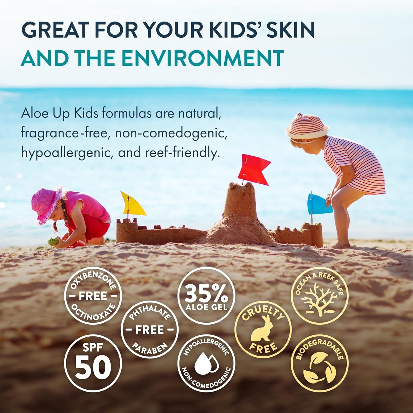 Aloe Up Kids Sport Sunscreen Lotion SPF 50 - Broad Spectrum Sheer Face and Body Sunscreen Protector for Sensitive Skin - With Aloe Vera Gel - Dries Fast - Reef Safe - Fragrance-Free - 6 Oz