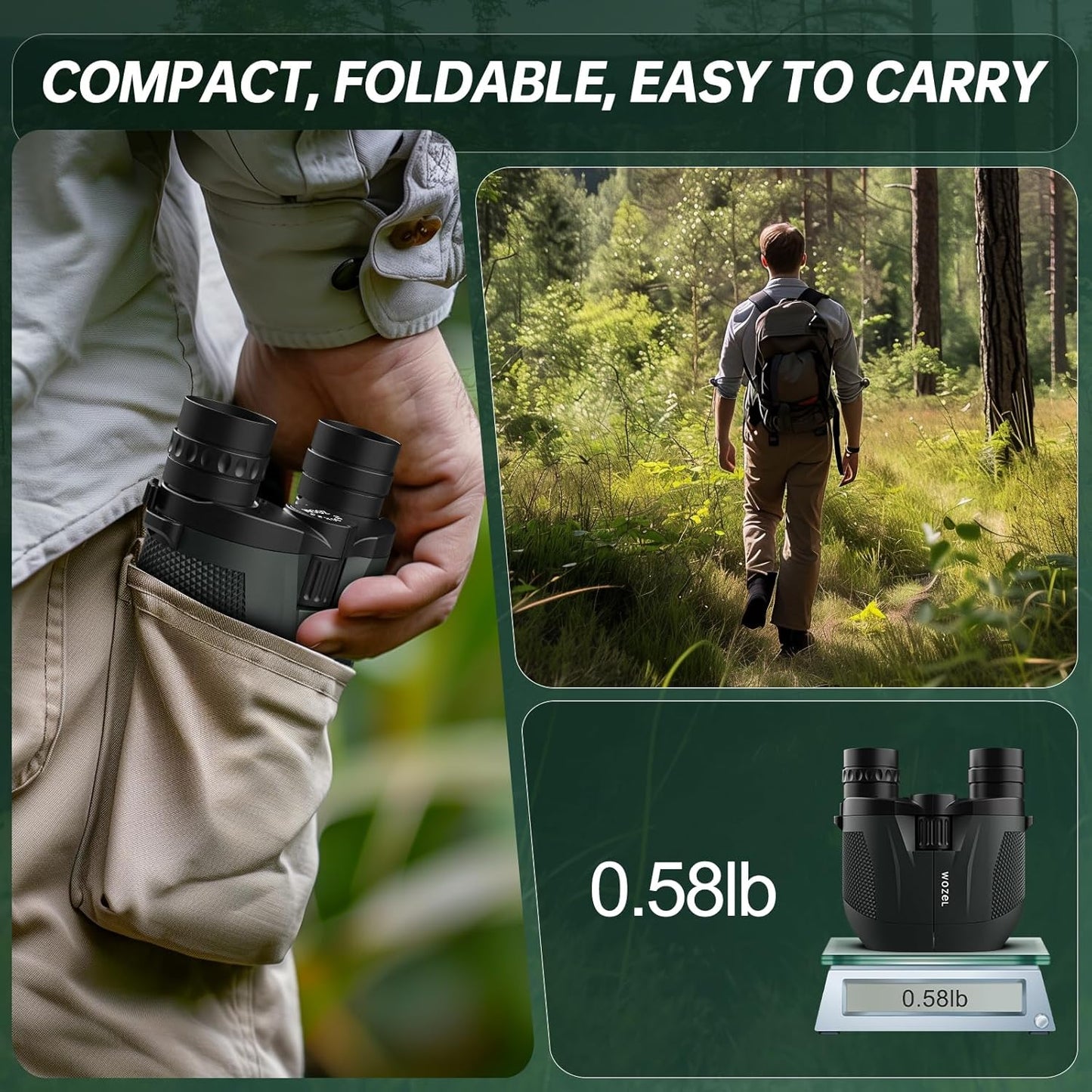 10-30x25 Small Compact Binoculars for Adults - WOZEL High Powered Zoom Binoculars for Bird Watching Hunting Hiking Travel Sports - Lightweight Binocular with Large & Bright Field of View for Kids