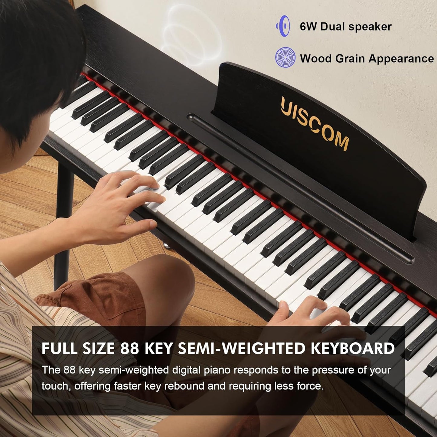 88 Key Digital Piano Keyboard for Beginners,Full Size Electric Piano Semi-Weighted Keyboard with Sheet Music Stand,Pedal,Headphone,Power Adapter,USB-MIDI Compatibility,Wood Grain Black