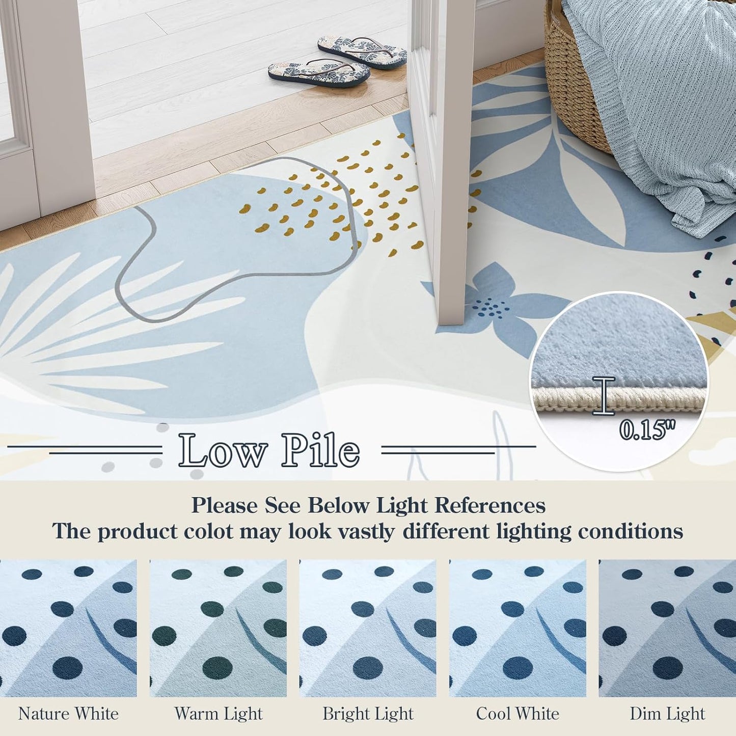Lahome Boho Machine Washable 6x9 Area Rug for Living Room - Non-Slip Ultra-Thin Soft Bedroom Carpet, Botanical Print Indoor Rugs for Dining Room Classroom Nursery Office, Blue