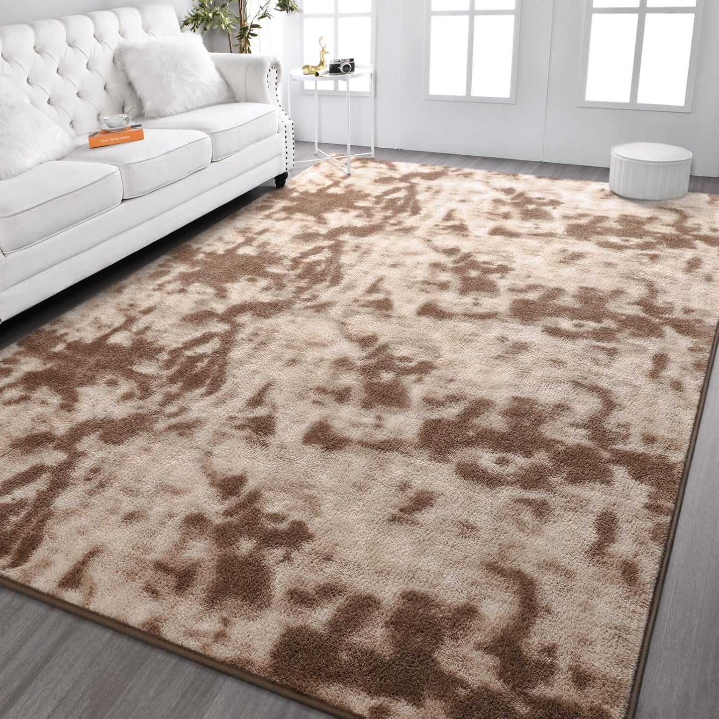 Kimicole 7x10 Washable Area Rugs for Living Room Bedroom, Large Low Pile Ulta-Thin Solid Color Rug, Non-Slip Soft Fluffy Carpet for Nursery Kids Room Dorm Room Home Decor (Brown)
