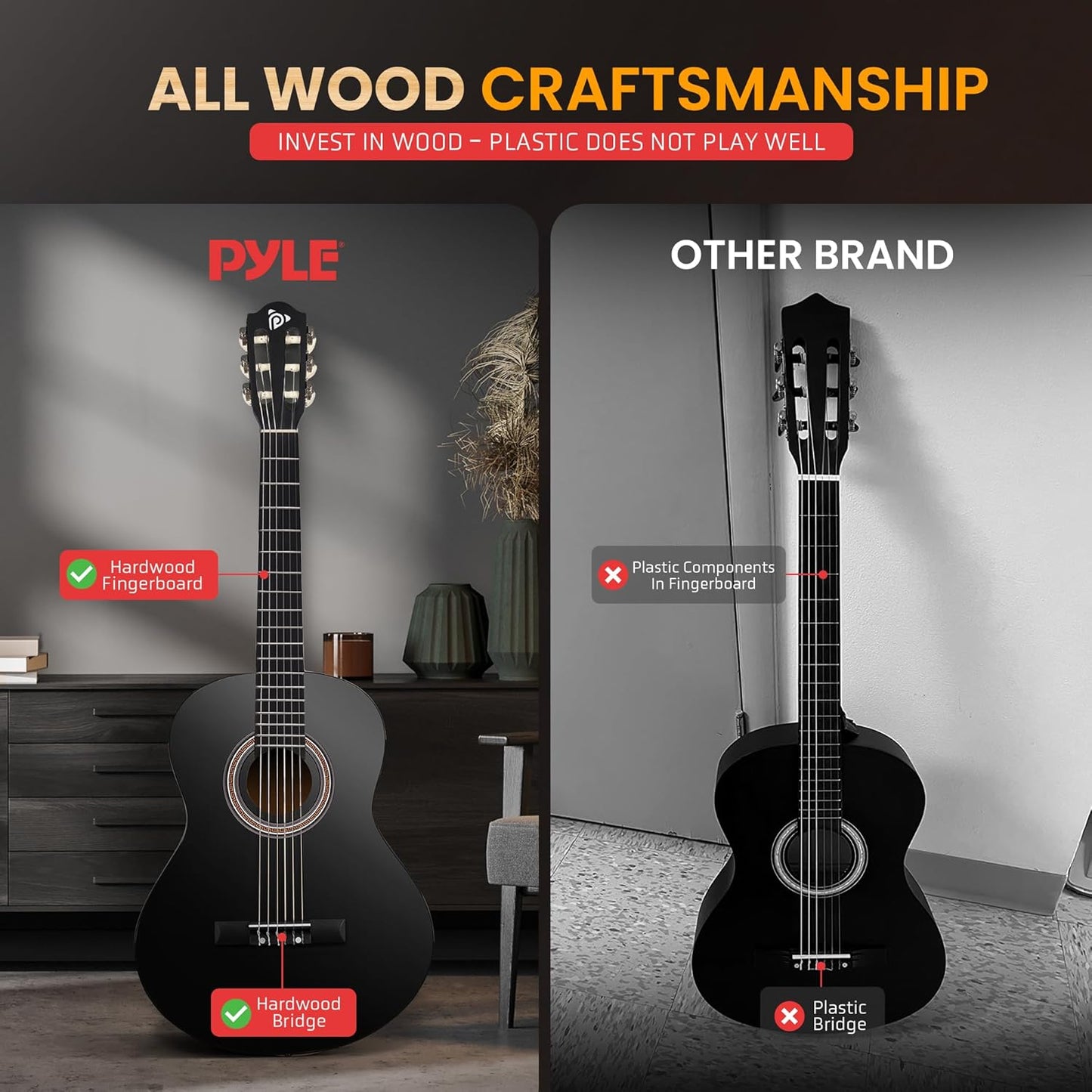 Pyle Beginner Acoustic Guitar Kit, 36" 3/4 Junior Size All Wood Build, Nylon Strings, Capo, Gig Bag, Strap, Extra String Set, Guitars for Adults and Youth, Black Gloss