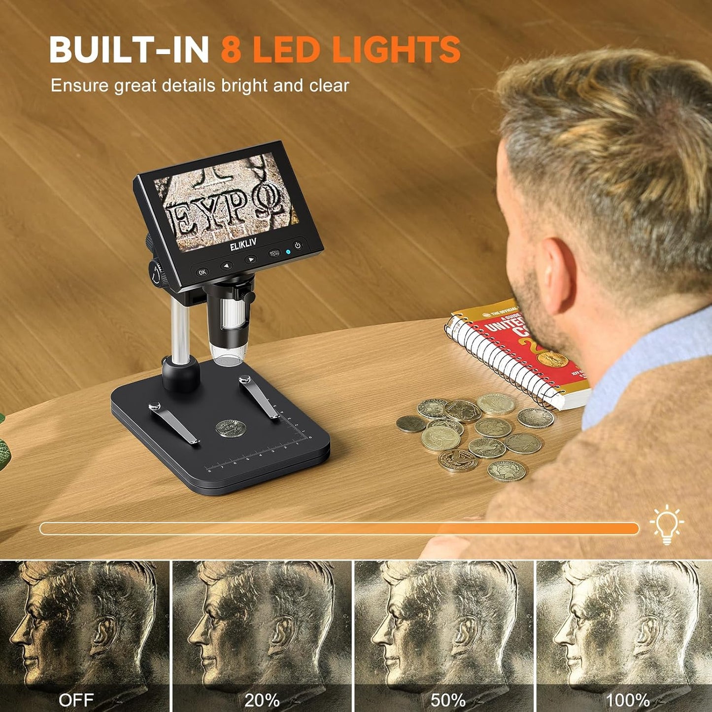 Elikliv Coin Microscope, 4.3'' LCD Digital Microscope 1000x, Coin Magnifier with 8 Adjustable LED Lights, PC View Compatible with Windows/Mac, EDM4B, Black