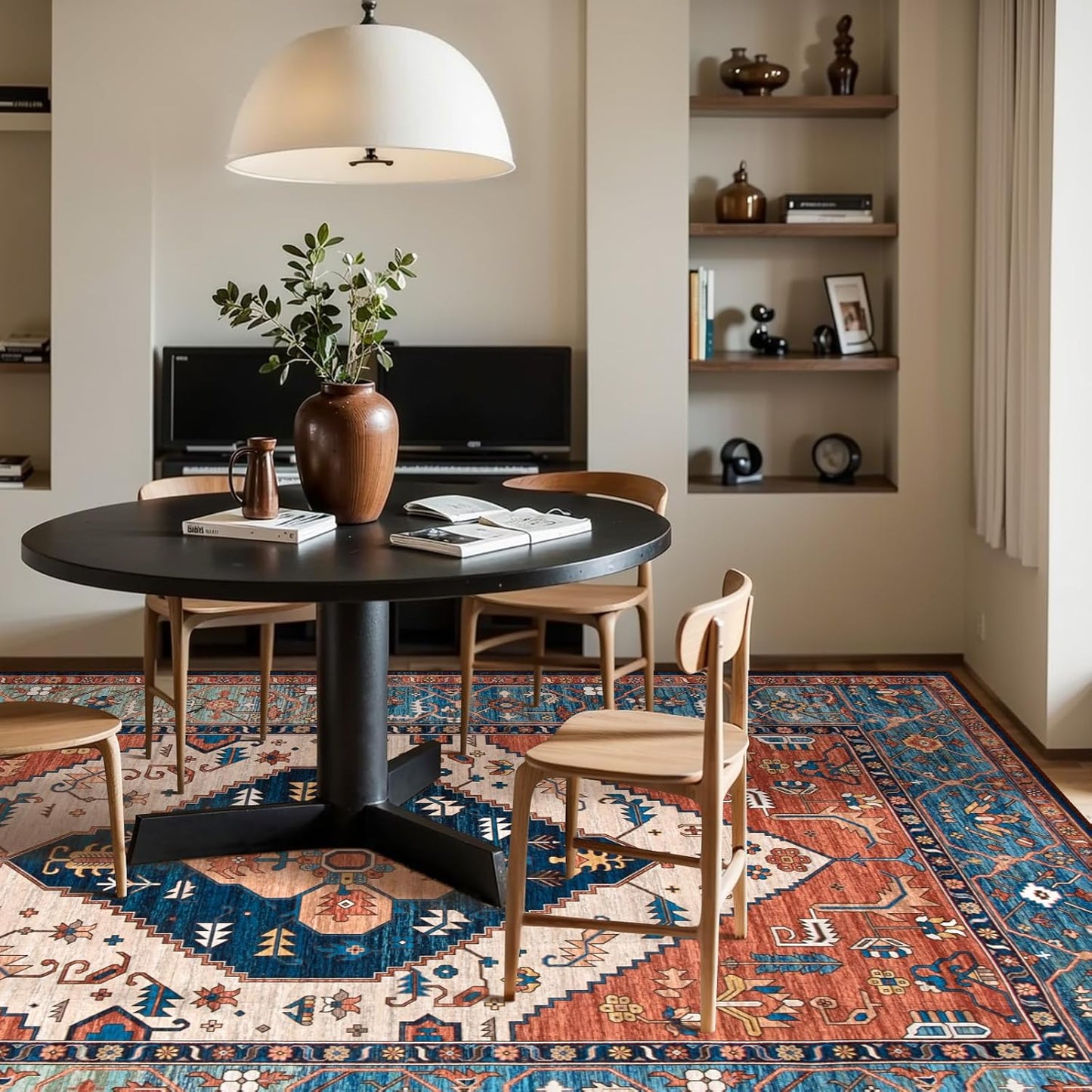 Lahome Area Rugs 9x12 Living Room - Boho Non-Slip Washable Rug Ultra-Thin Stain Resistant Large Carpet Throw Non Shedding Dining Room Mat, Oriental Print Carpet for Bedroom Guest Room (Rust, 9'x12')