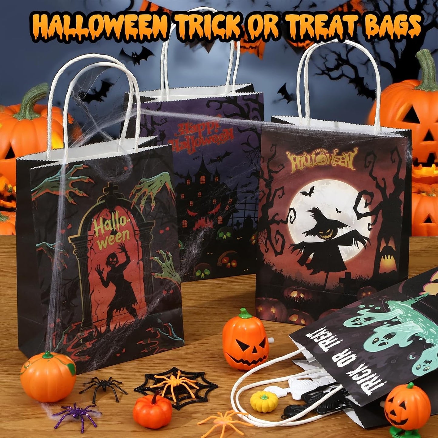 Winrayk Glow Halloween Trick or Treat Tote Paper Bags, Self-designed Party Favor Goodie Candy Gift Bags Bulk (4 Styles, 24 Pack), Neon Glow in the Dark Kids Halloween Party Favors Birthday Supplies