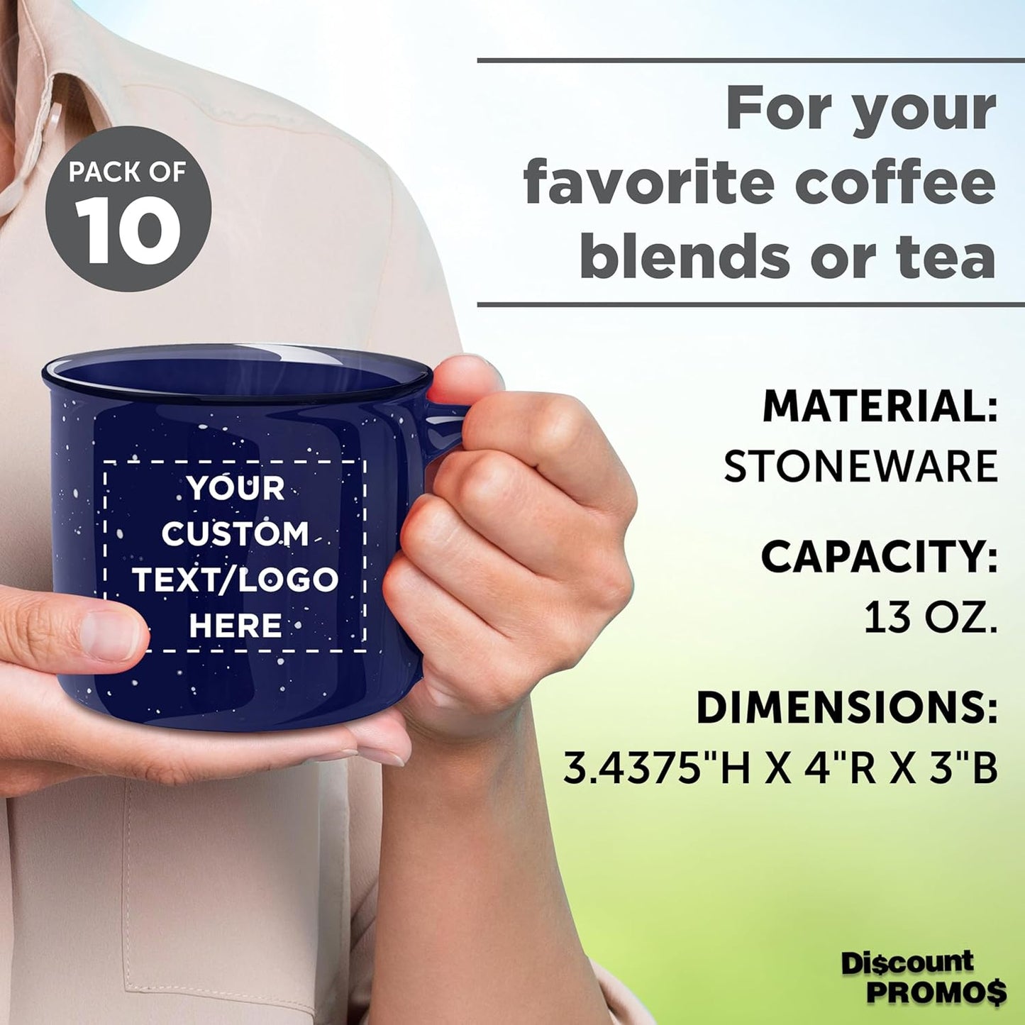 DISCOUNT PROMOS Custom Ceramic Campfire Coffee Mugs 13 oz. Set of 10, Personalized Bulk Pack - Perfect for Tea, Espresso, Cappuccino, Hot Cocoa - Blue
