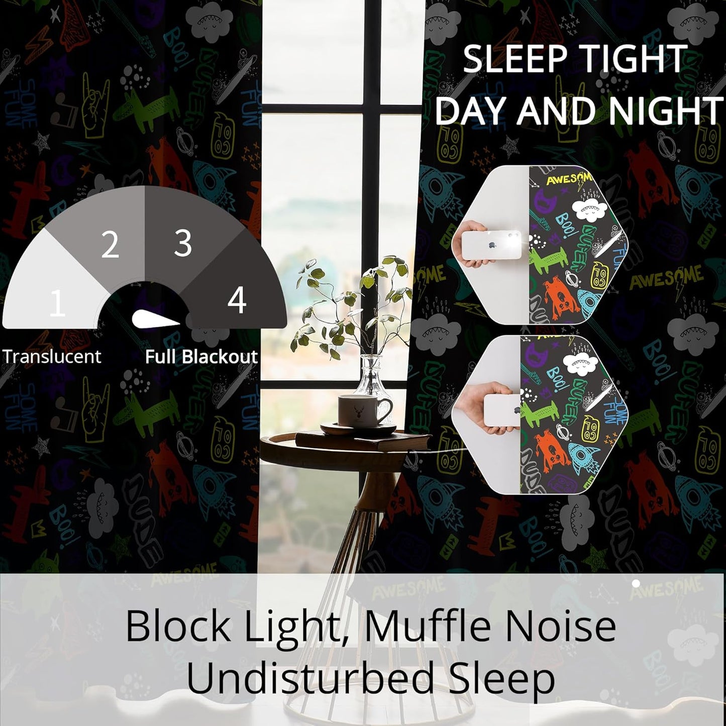 Kids Teen Graffiti Space Blackout Curtains - 100% Blackout, Thermal Insulated, Noise Reducing, Perfect for Kids Room and Nursery, 2 Panels (Graffiti Space Vibes, W52×L63)