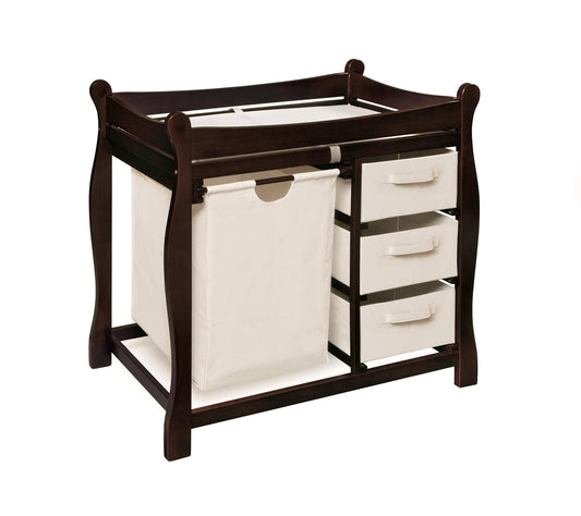 Badger Basket Sleigh-Style Baby Changing Table - Diaper Changing Station with 3 Storage Baskets - Nursery Organizer with Hamper, Changing Pad, Safety Rails - Espresso