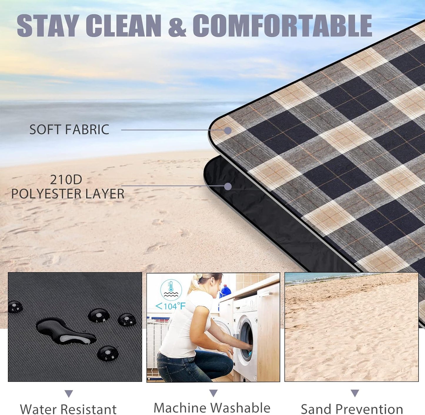 G GOOD GAIN Waterproof Picnic Blanket Portable with Carry Strap for Beach Mat or Family Outdoor Camping Party (Brown)