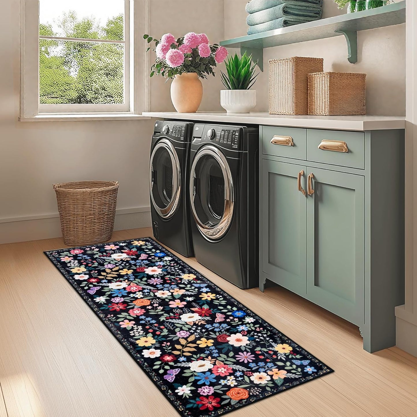 Runner Rug for Entryway: 2x6 Kitchen Rugs Non Slip Washable Ultra-Thin Soft Floral Carpet Indoor Floor Stain Resistant Carpets for Hallway Bedroom Kitchen Laundry Bathroom Dorm Black
