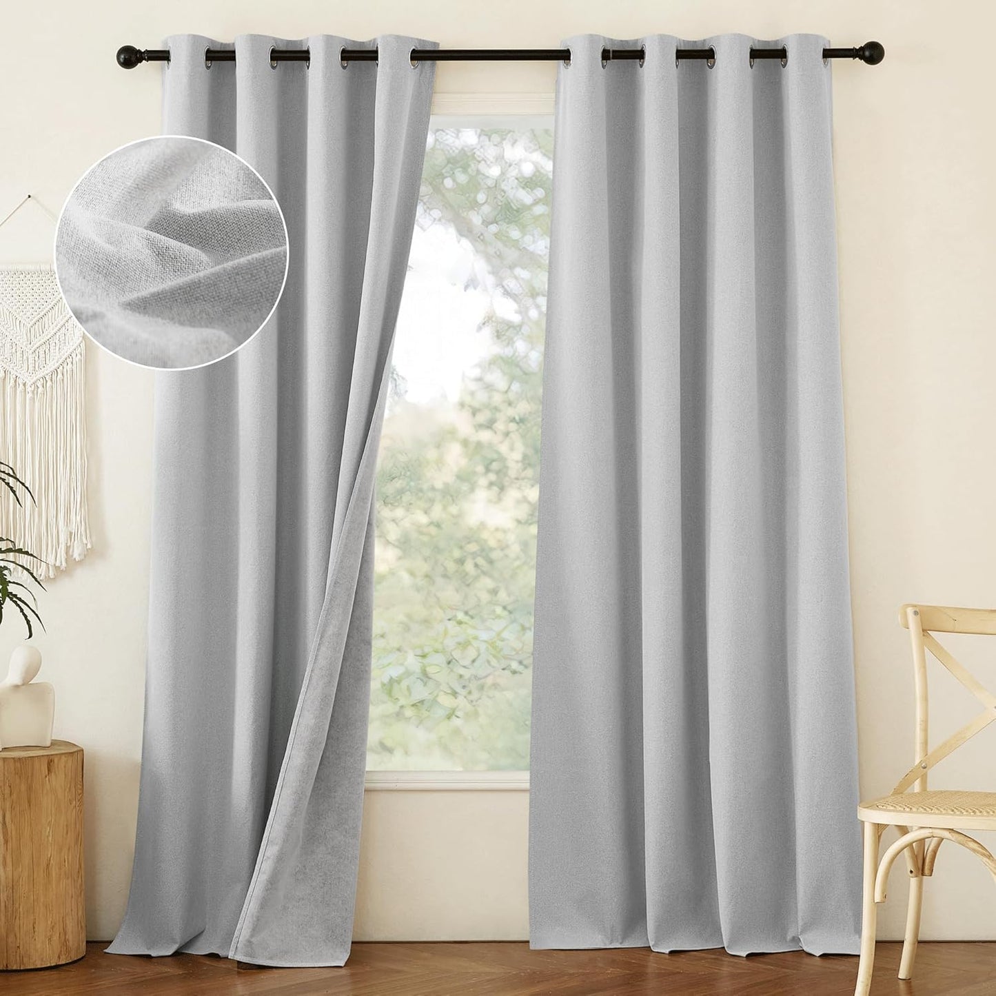 NICETOWN 100% Absolutely Blackout Faux Linen Curtains with Thermal Insulated White Liner, Greyish White, W52, 2 Pieces, Noise Reducing Faux Linen Look Curtains for Windows 90" Length for Classroom