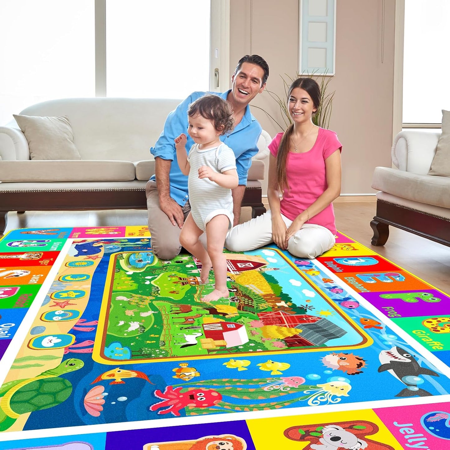 Kids Rug for Playroom, Kids Baby Playmat with Farm Sea Animal, Alphabet ABC Educational Rug, Floor Play Mat Carpet for Bedroom Preschool Classroom (110.2X78.7 INCH, Farm)