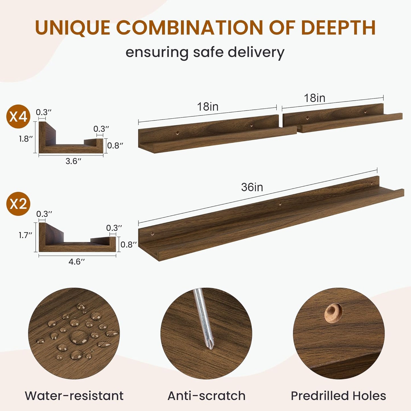 Axeman Picture Ledge Shelf, Floating Shelves for Wall Decor Storage Set of 6, 36 inch Floating Wall Mounted Shelves, Wall Shelves with Lip for Living Room, Bedroom, Nursery, Bathroom, Kitchen, Walnut